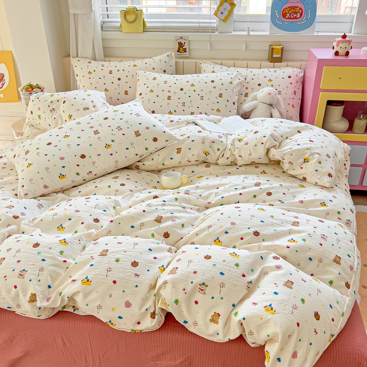 91家纺网 家纺一手货源 找家纺 找底底家纺 2026新款泡泡棉小清新双层纱床裙款四件套 小确幸