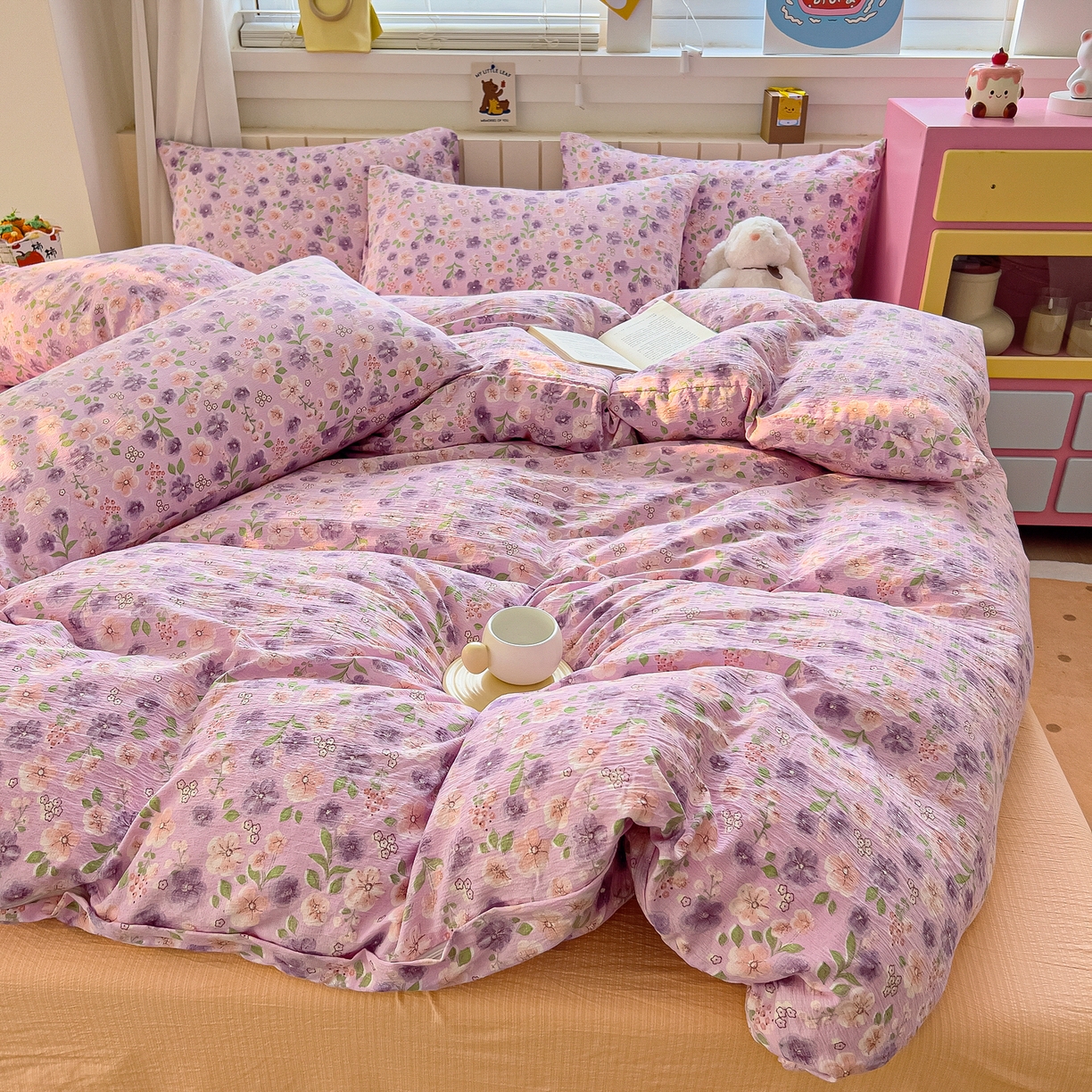 91家纺网 家纺一手货源 找家纺 找底底家纺 2026新款泡泡棉小清新双层纱床裙款四件套 小若欢