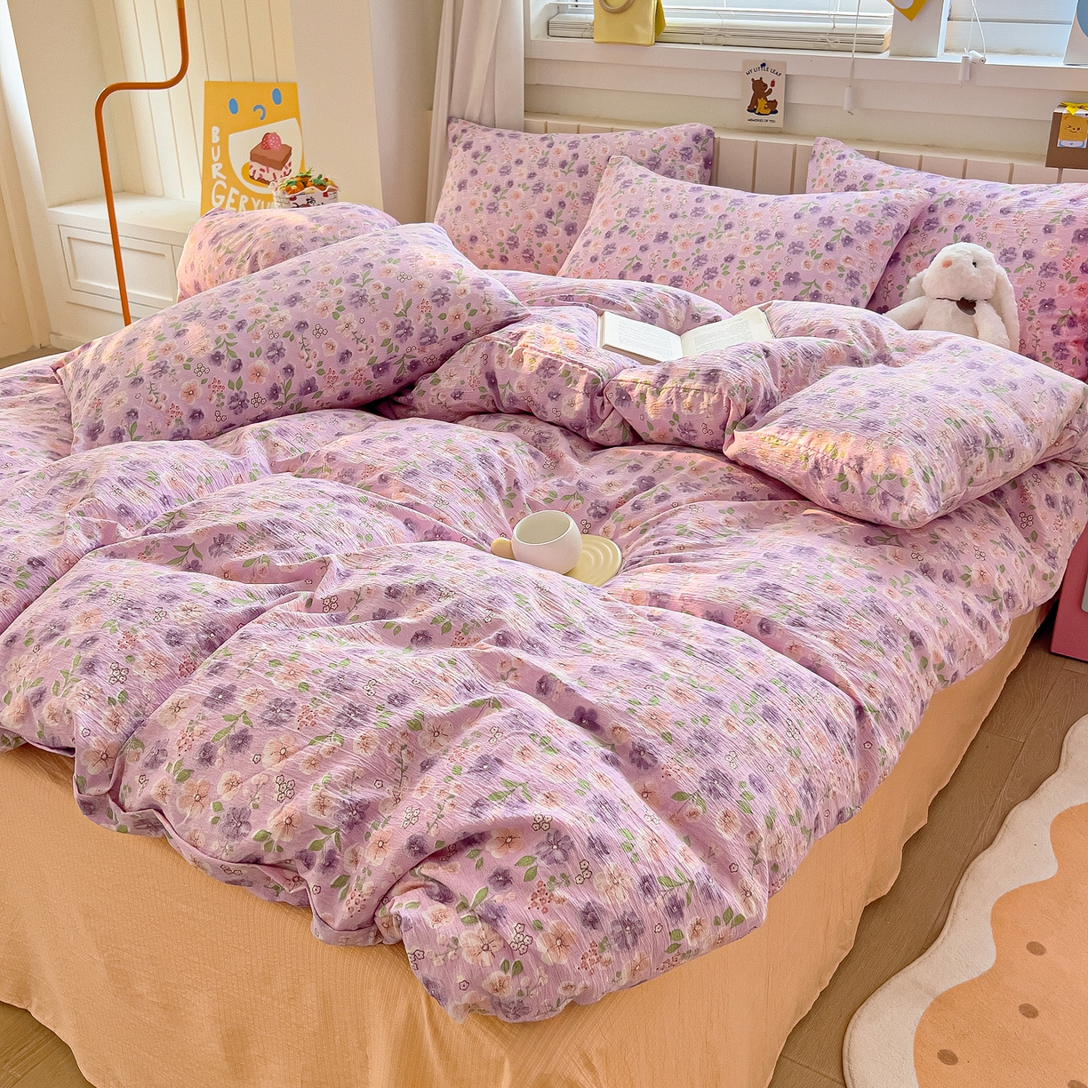 91家纺网 家纺一手货源 找家纺 找底底家纺 2026新款泡泡棉小清新双层纱床裙款四件套 小若欢