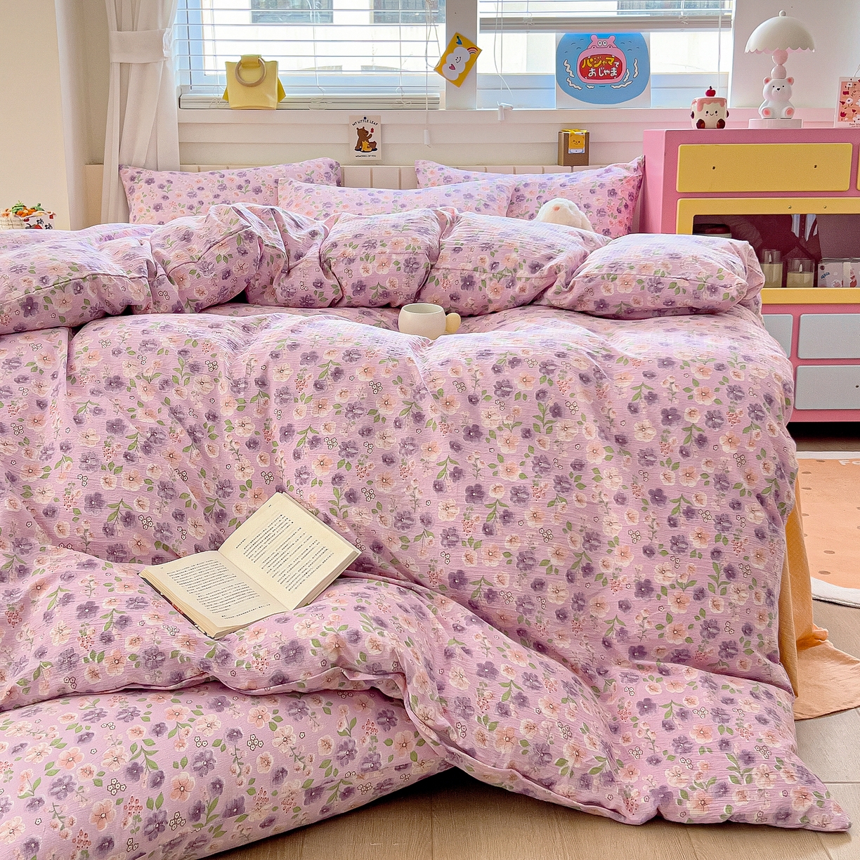 91家纺网 家纺一手货源 找家纺 找底底家纺 2026新款泡泡棉小清新双层纱床裙款四件套 小若欢