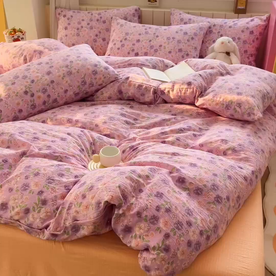 91家纺网 家纺一手货源 找家纺 找底底家纺 2026新款泡泡棉小清新双层纱床裙款四件套 小若欢