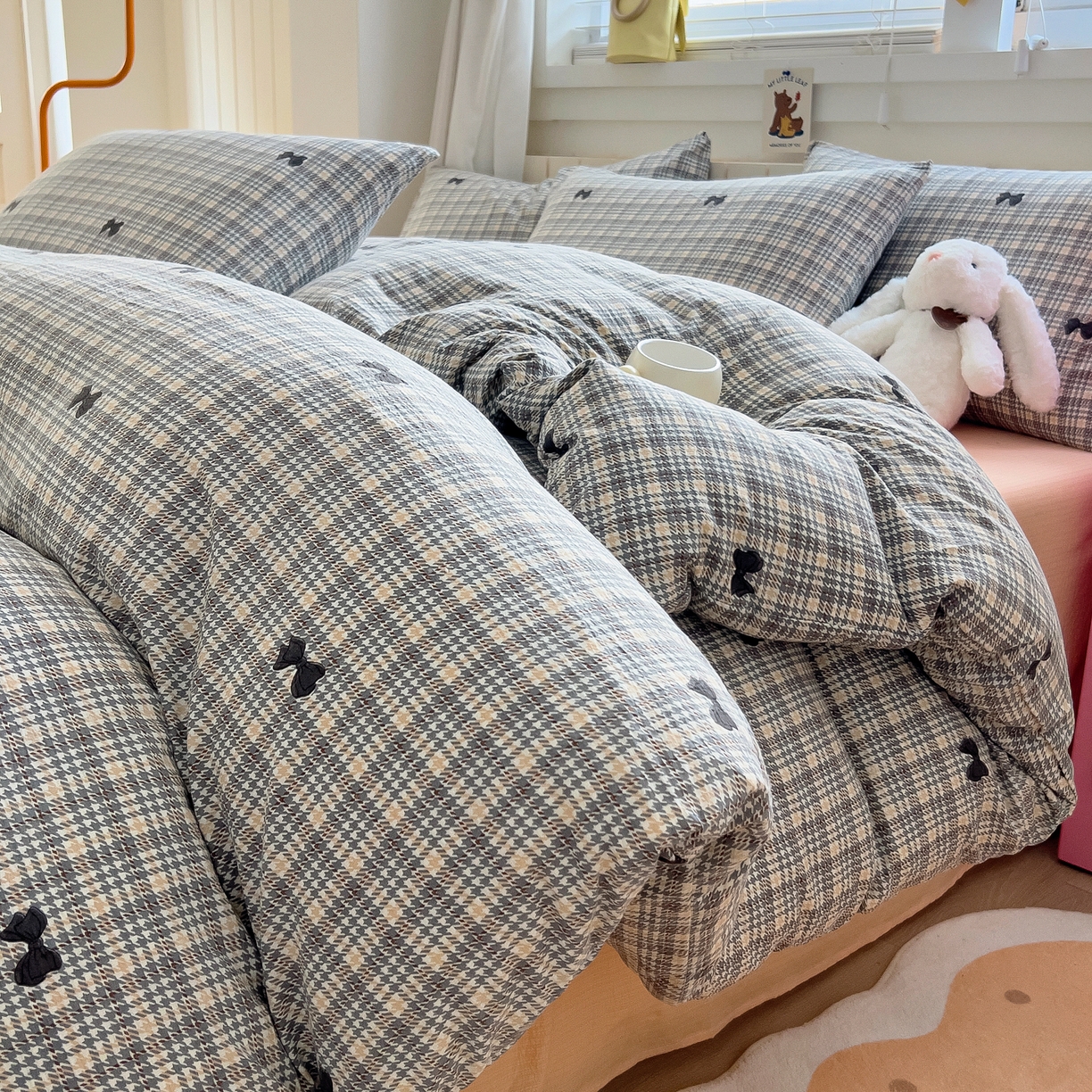 找底底家纺 2026新款泡泡棉小清新双层纱床裙款四件套 遇见-格桔