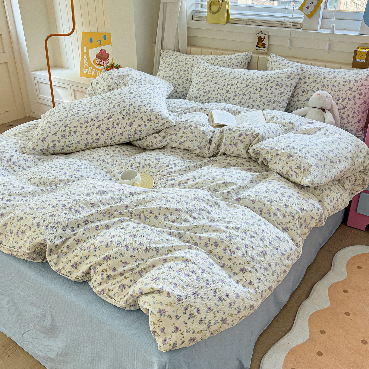 91家纺网 家纺一手货源 找家纺 找底底家纺 2026新款泡泡棉小清新双层纱床裙款四件套 紫蕊奶芙