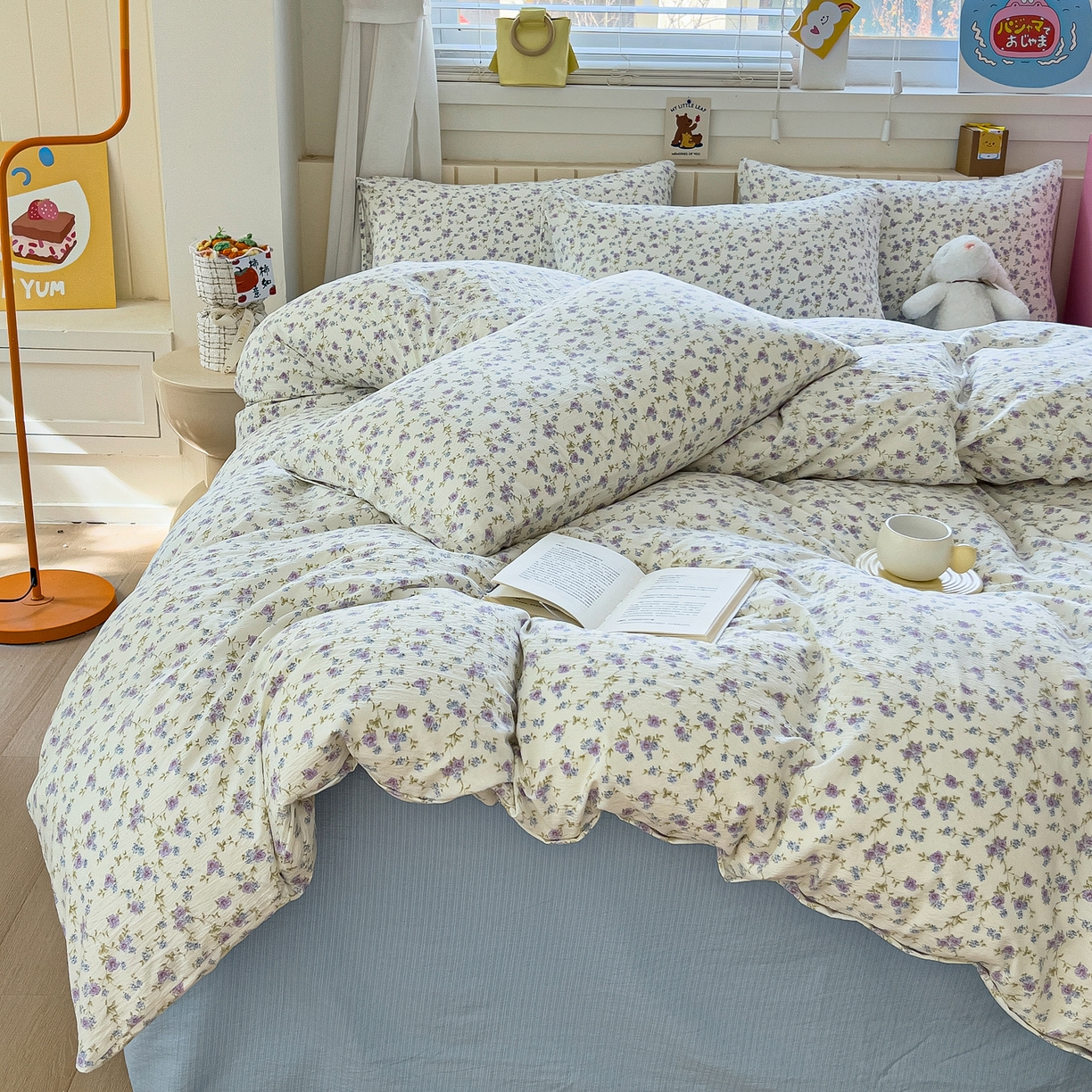 91家纺网 家纺一手货源 找家纺 找底底家纺 2026新款泡泡棉小清新双层纱床裙款四件套 紫蕊奶芙