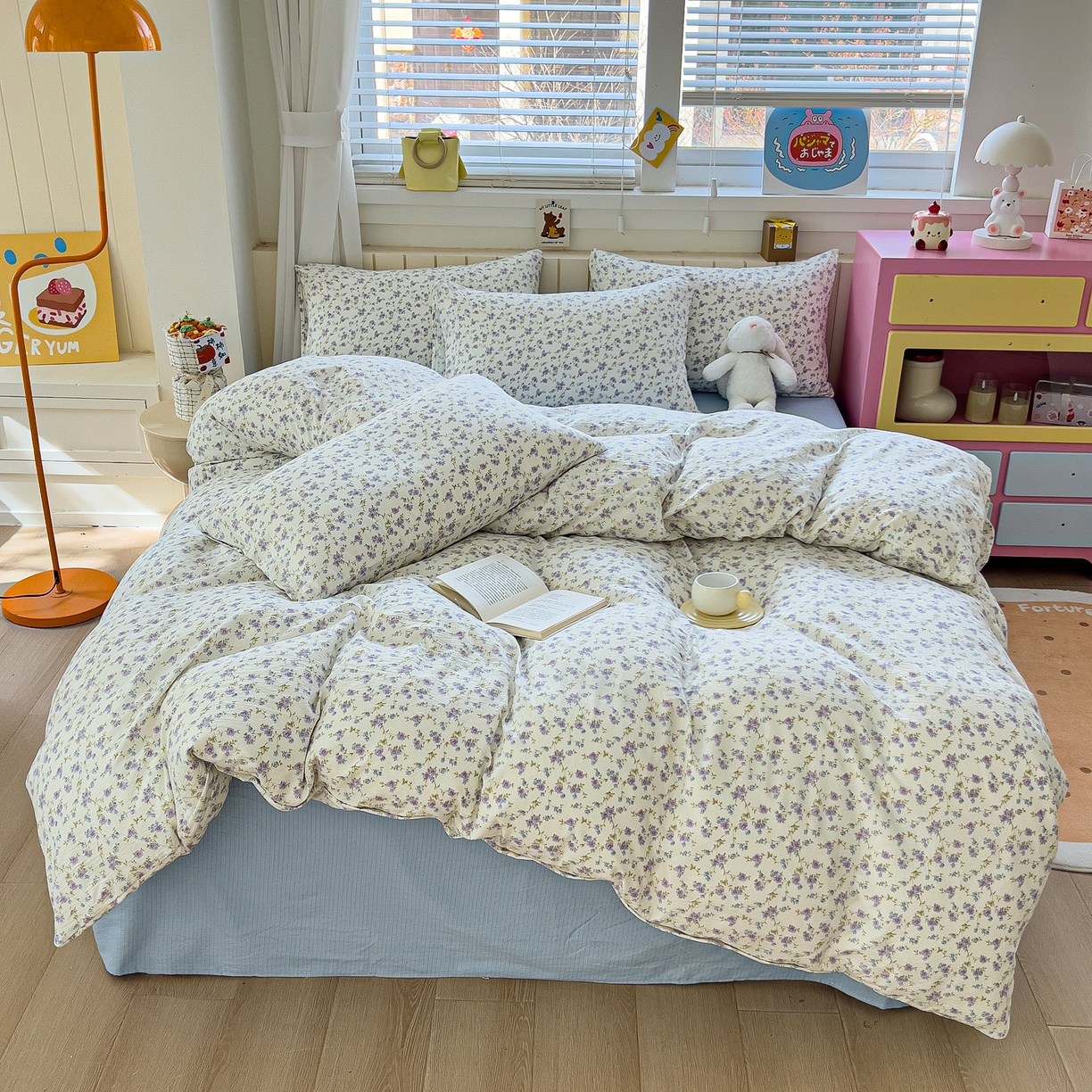 91家纺网 家纺一手货源 找家纺 找底底家纺 2026新款泡泡棉小清新双层纱床裙款四件套 紫蕊奶芙