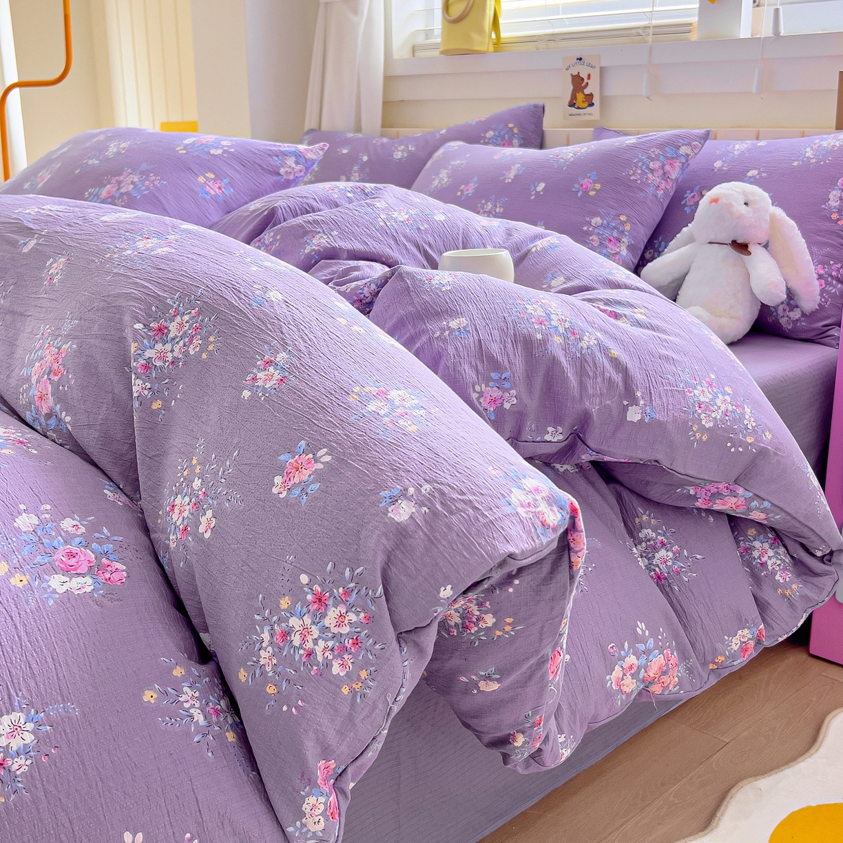 找底底家纺 2026新款泡泡棉小清新双层纱床裙款四件套 紫苏