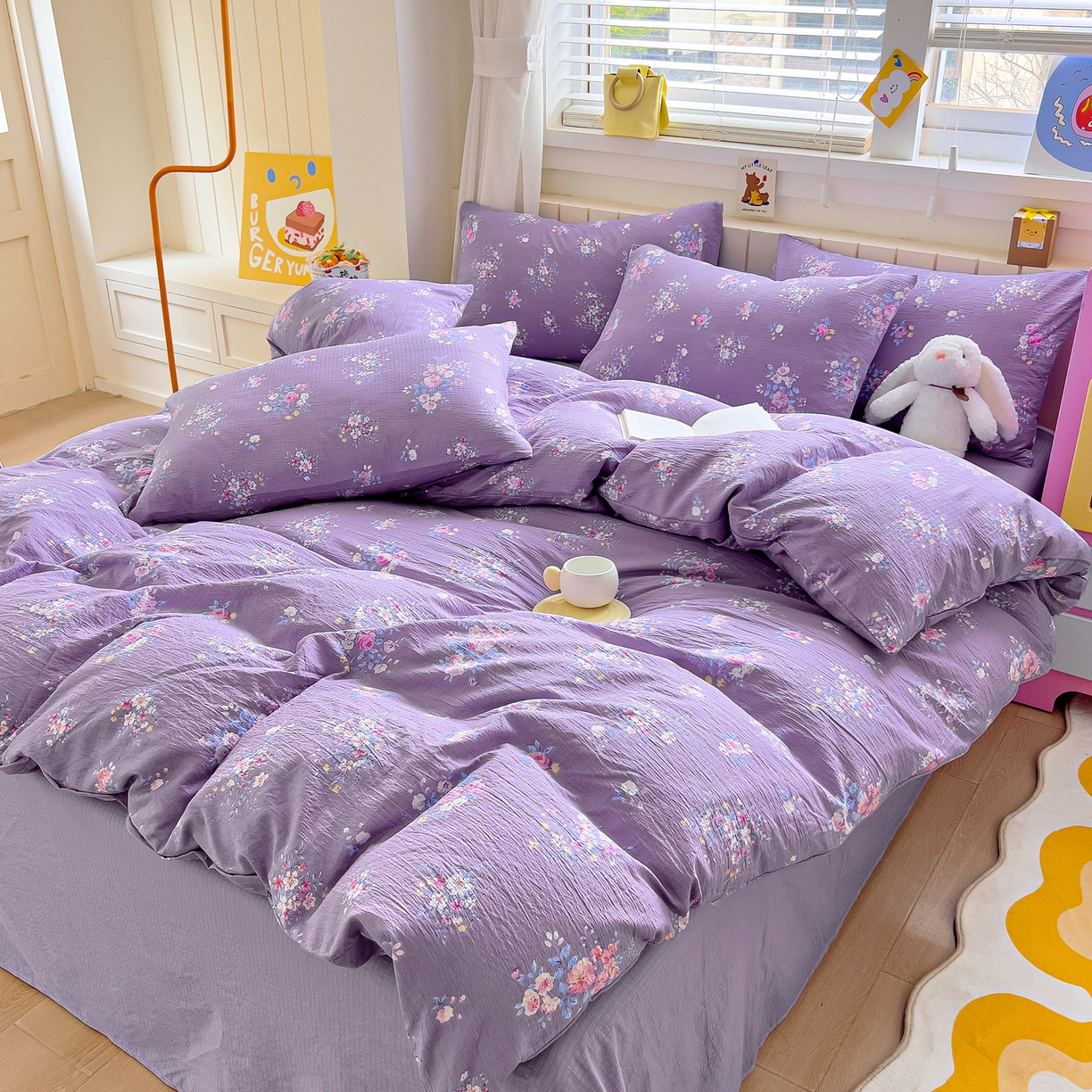 91家纺网 家纺一手货源 找家纺 找底底家纺 2026新款泡泡棉小清新双层纱床裙款四件套 紫苏