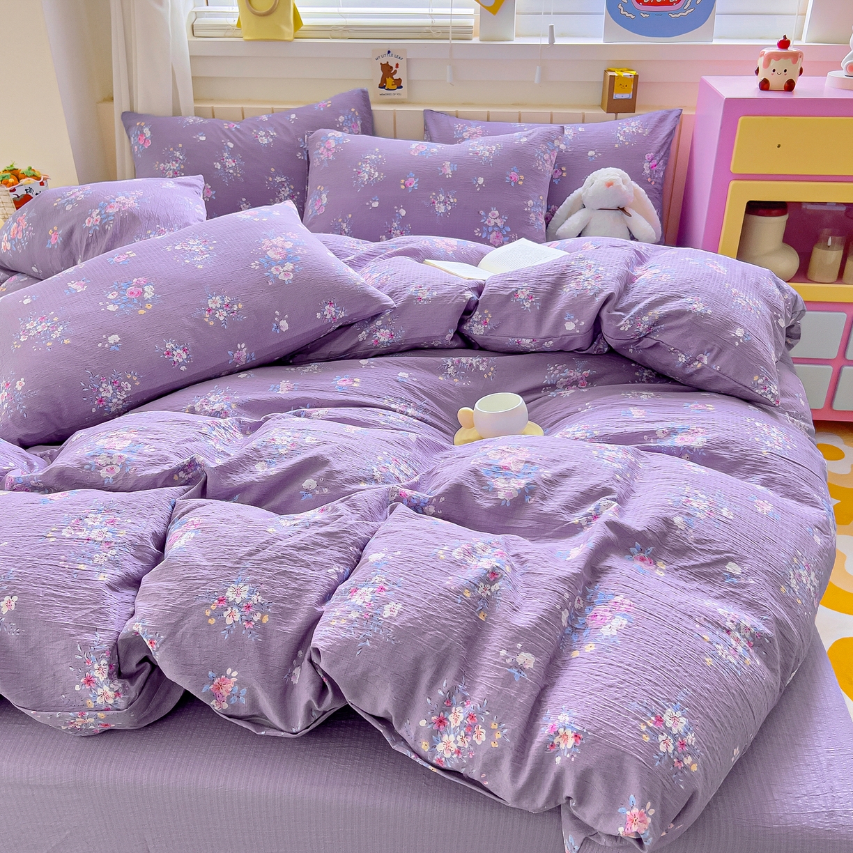 91家纺网 家纺一手货源 找家纺 找底底家纺 2026新款泡泡棉小清新双层纱床裙款四件套 紫苏