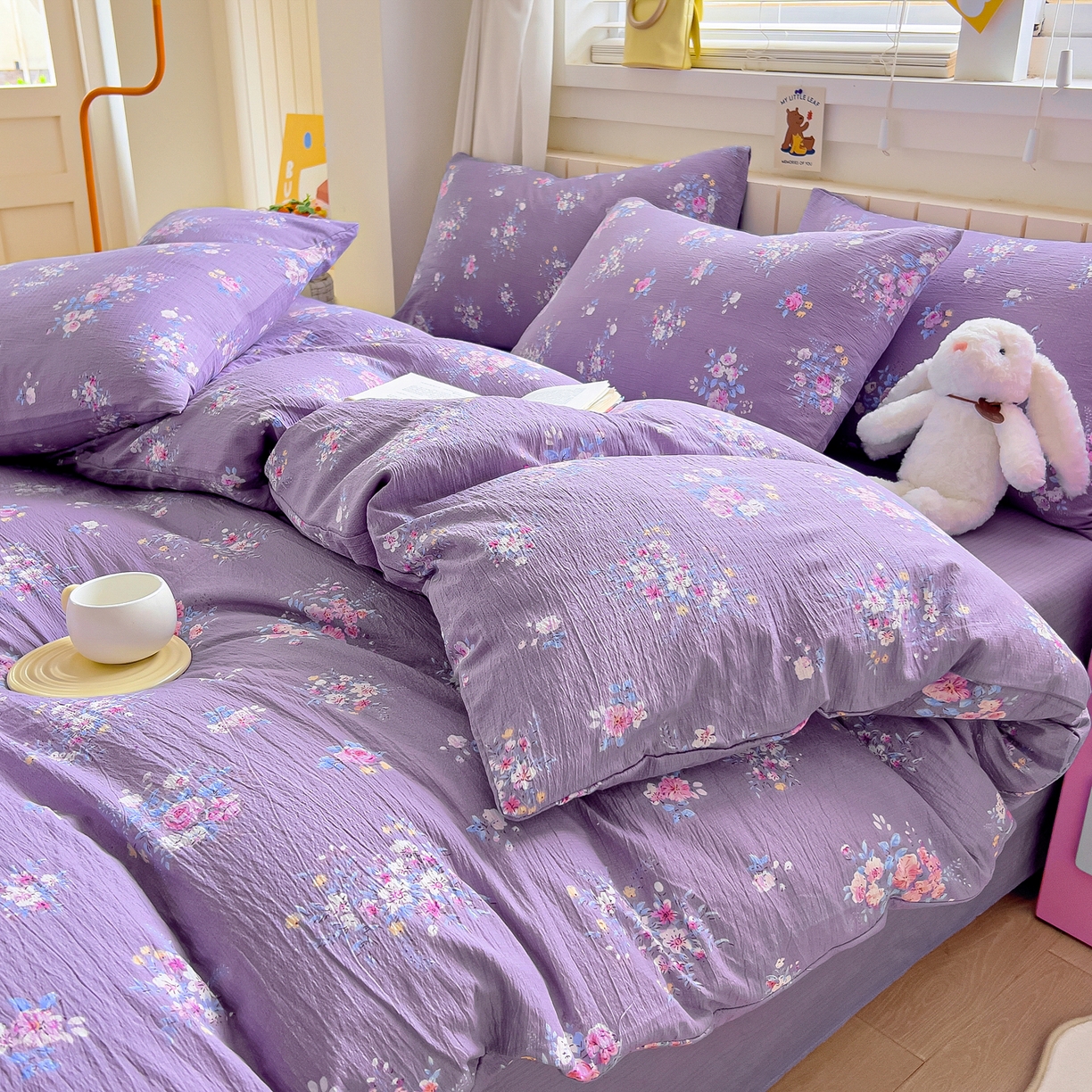 91家纺网 家纺一手货源 找家纺 找底底家纺 2026新款泡泡棉小清新双层纱床裙款四件套 紫苏