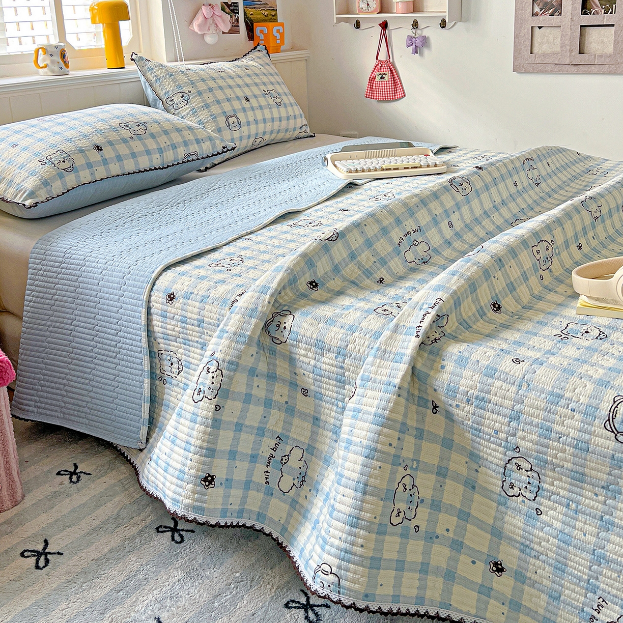 91家纺网 家纺一手货源 找家纺 （总）恒尚居 2026新款A类泡芙纱床盖四套件泡芙棉双层纱小花边床垫床褥