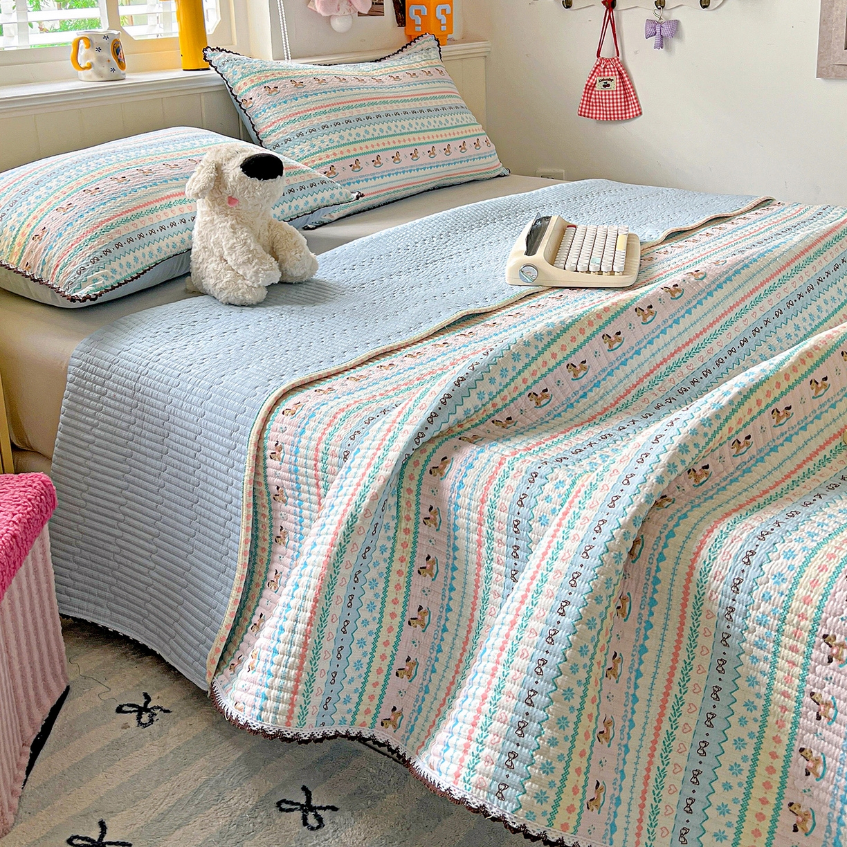 91家纺网 家纺一手货源 找家纺 （总）恒尚居 2026新款A类泡芙纱床盖四套件泡芙棉双层纱小花边床垫床褥