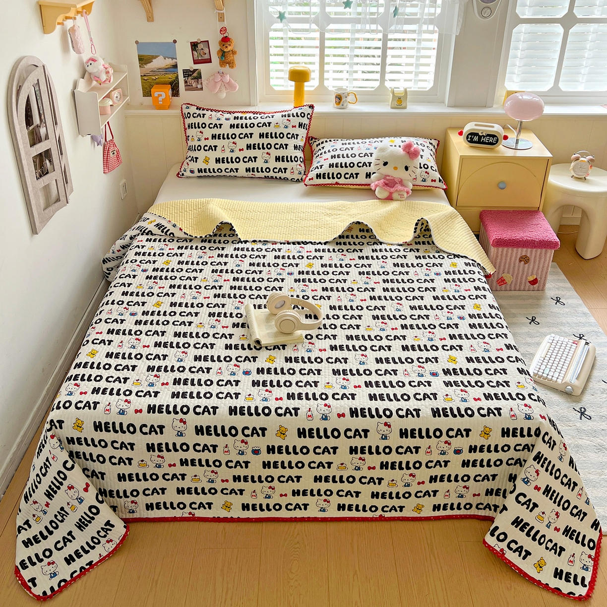 91家纺网 家纺一手货源 找家纺 恒尚居 2026新款A类泡芙纱床盖四套件泡芙棉双层纱小花边床垫床褥 字母喵喵小花边