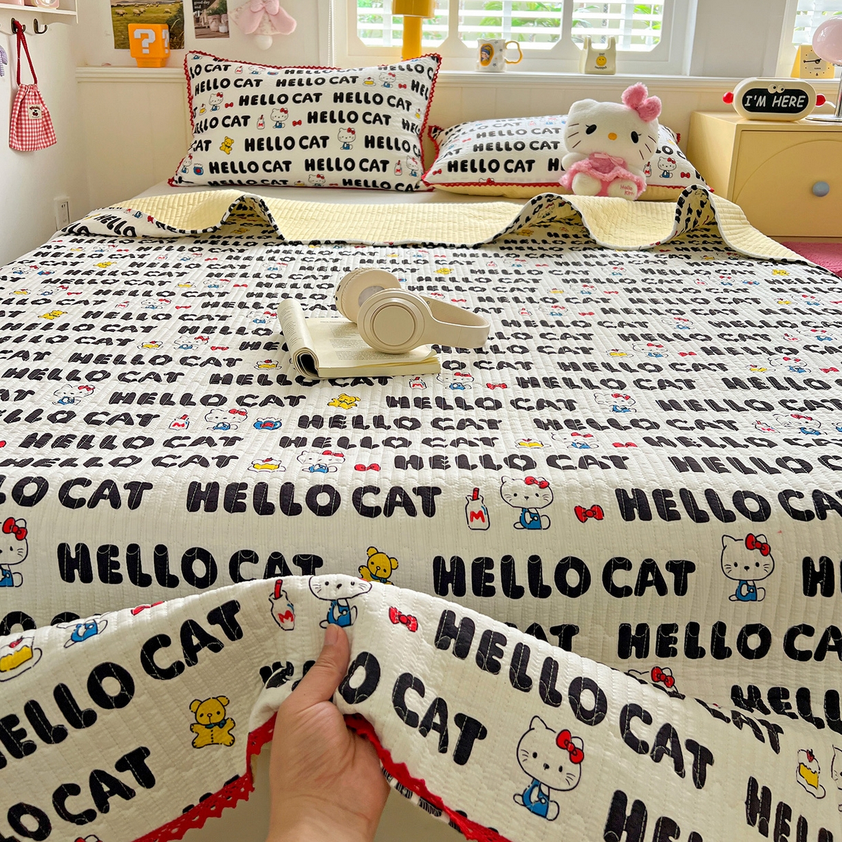 91家纺网 家纺一手货源 找家纺 恒尚居 2026新款A类泡芙纱床盖四套件泡芙棉双层纱小花边床垫床褥 字母喵喵小花边