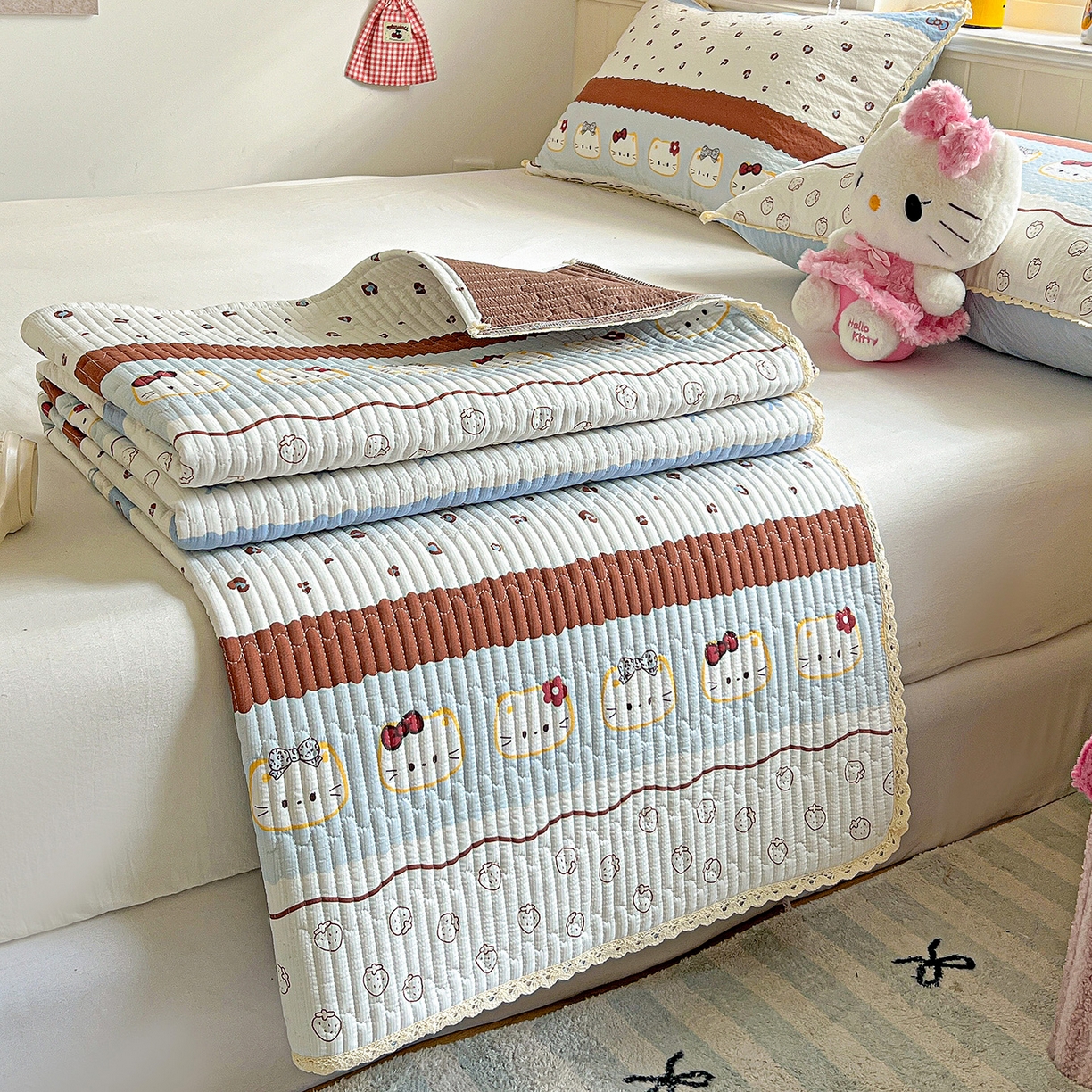 91家纺网 家纺一手货源 找家纺 恒尚居 2026新款A类泡芙纱床盖四套件泡芙棉双层纱小花边床垫床褥 波点奶芙小花边