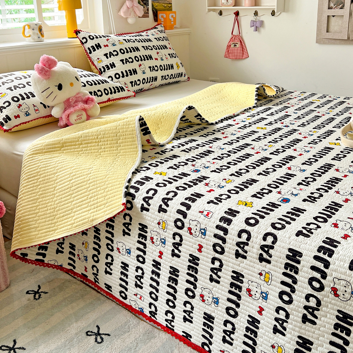 91家纺网 家纺一手货源 找家纺 恒尚居 2026新款A类泡芙纱床盖四套件泡芙棉双层纱小花边床垫床褥 字母喵喵小花边