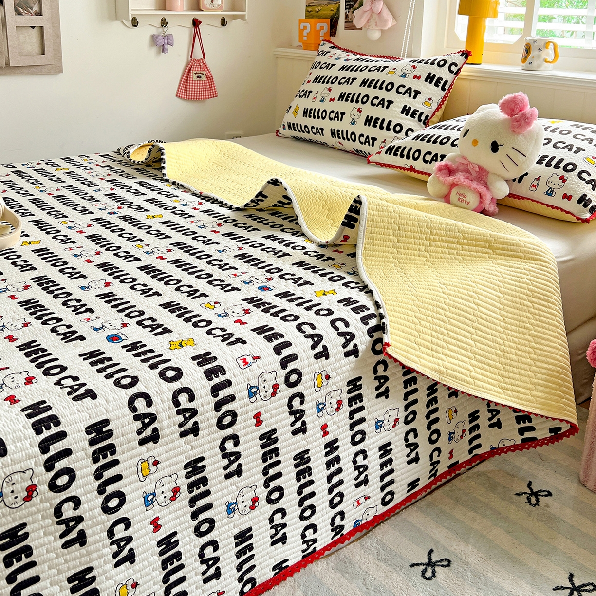 91家纺网 家纺一手货源 找家纺 恒尚居 2026新款A类泡芙纱床盖四套件泡芙棉双层纱小花边床垫床褥 字母喵喵小花边