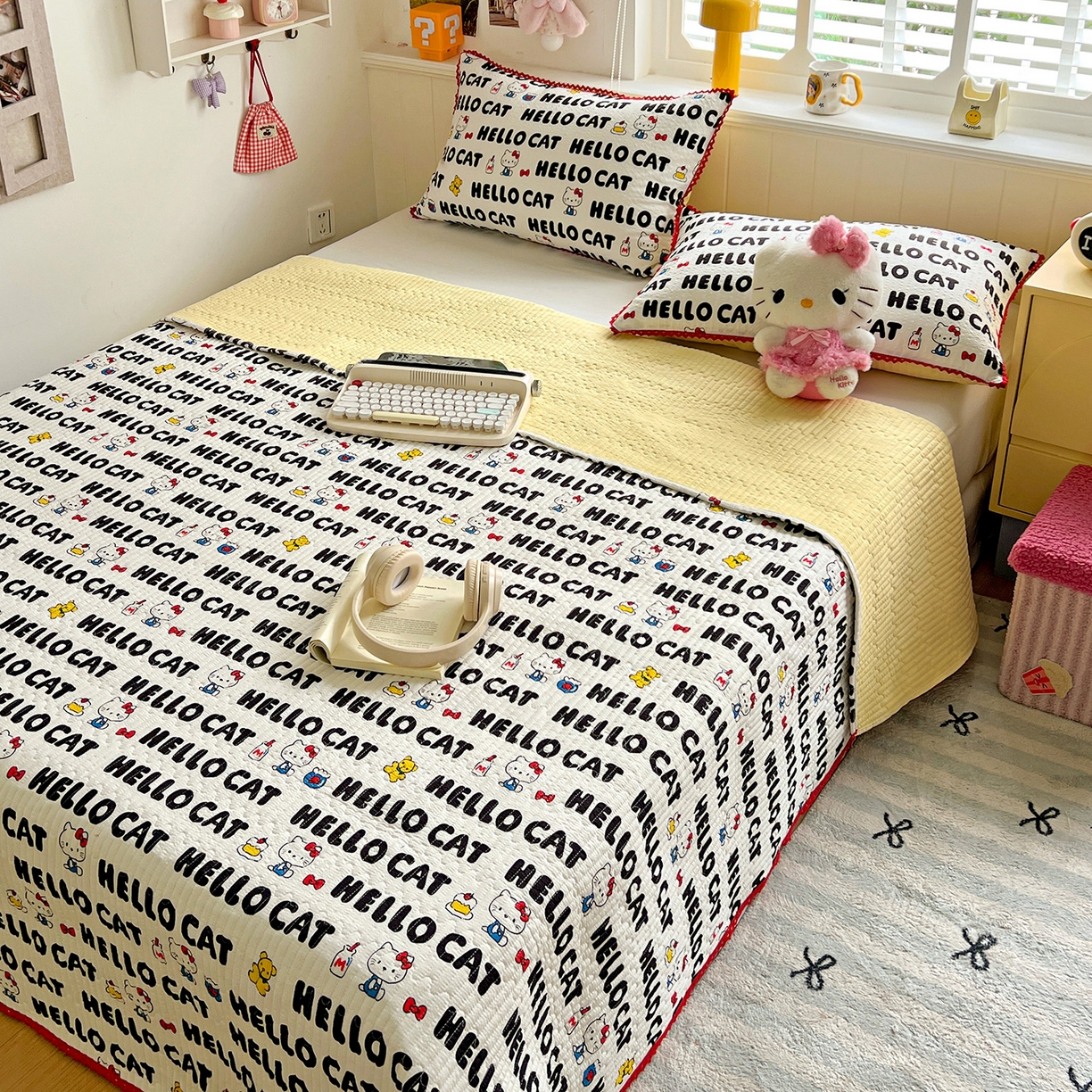 91家纺网 家纺一手货源 找家纺 恒尚居 2026新款A类泡芙纱床盖四套件泡芙棉双层纱小花边床垫床褥 字母喵喵小花边