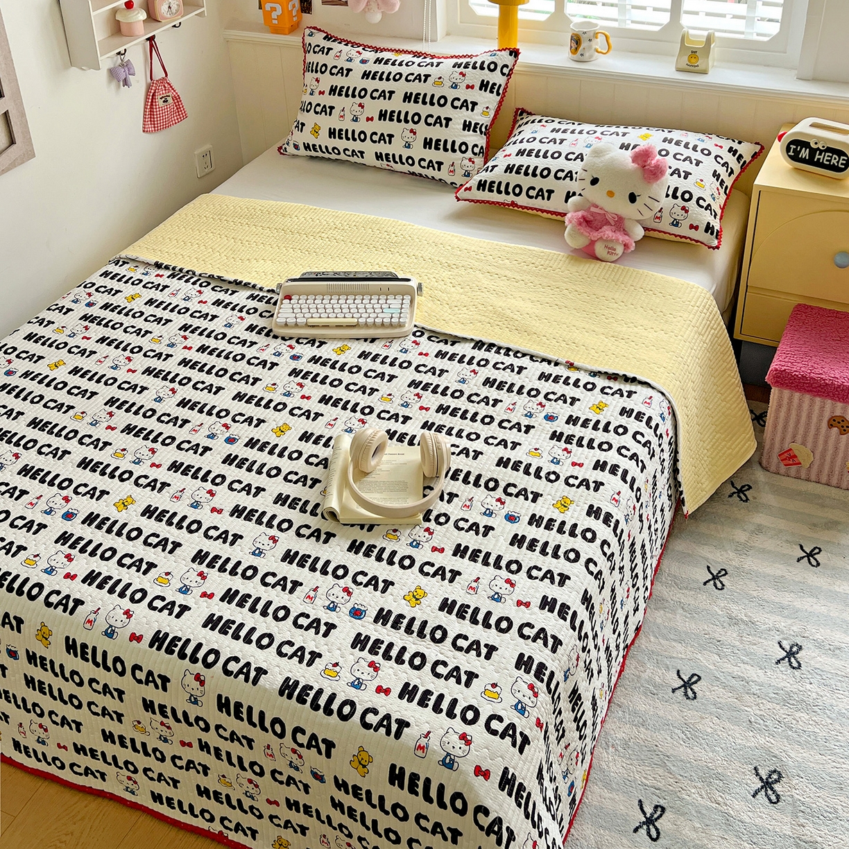 91家纺网 家纺一手货源 找家纺 恒尚居 2026新款A类泡芙纱床盖四套件泡芙棉双层纱小花边床垫床褥 字母喵喵小花边