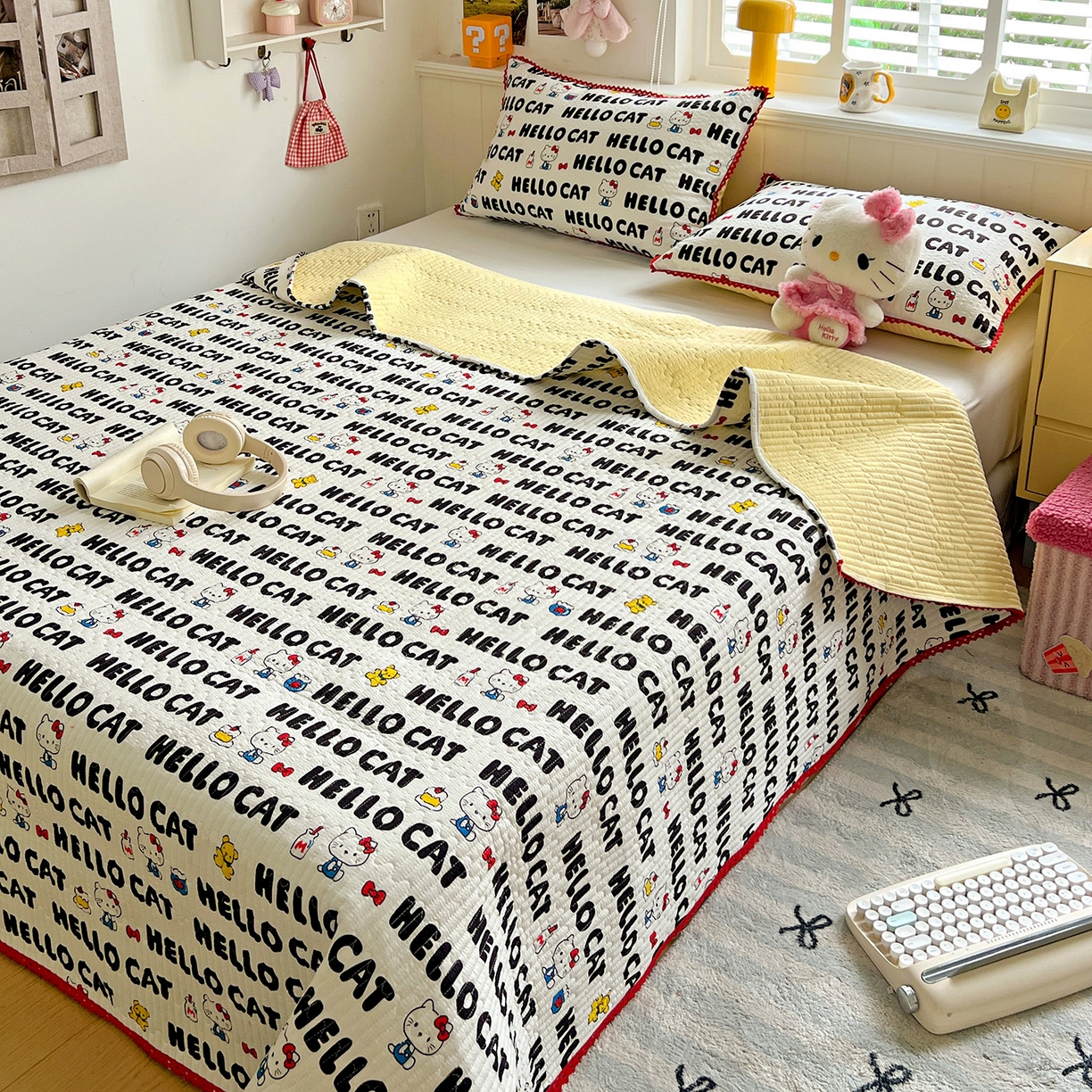 91家纺网 家纺一手货源 找家纺 恒尚居 2026新款A类泡芙纱床盖四套件泡芙棉双层纱小花边床垫床褥 字母喵喵小花边