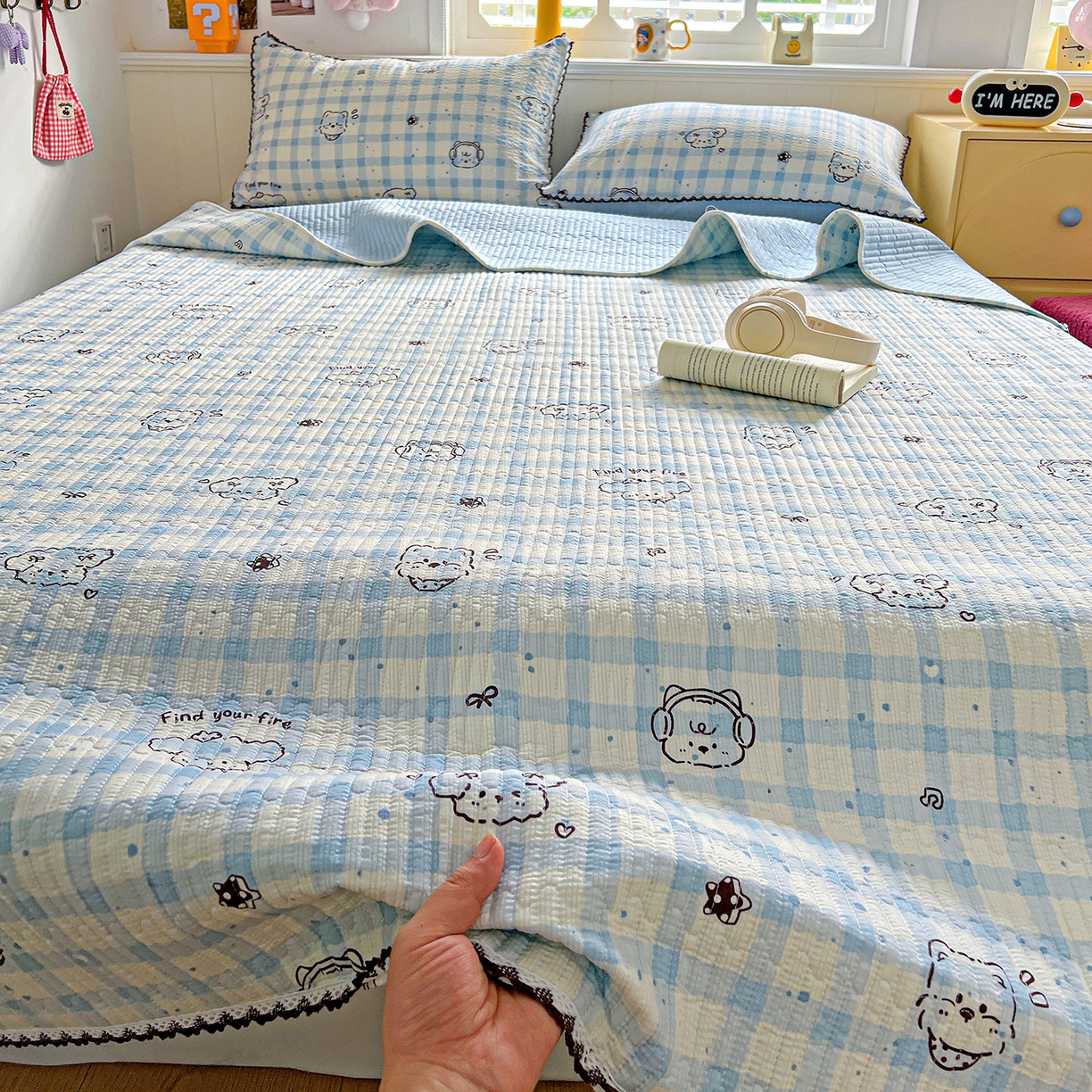 91家纺网 家纺一手货源 找家纺 恒尚居 2026新款A类泡芙纱床盖四套件泡芙棉双层纱小花边床垫床褥 兰格奶狗小花边