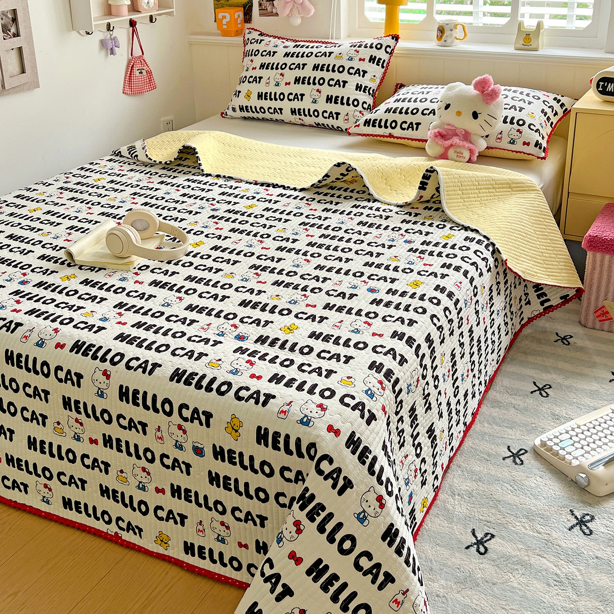 91家纺网 家纺一手货源 找家纺 恒尚居 2026新款A类泡芙纱床盖四套件泡芙棉双层纱小花边床垫床褥 字母喵喵小花边