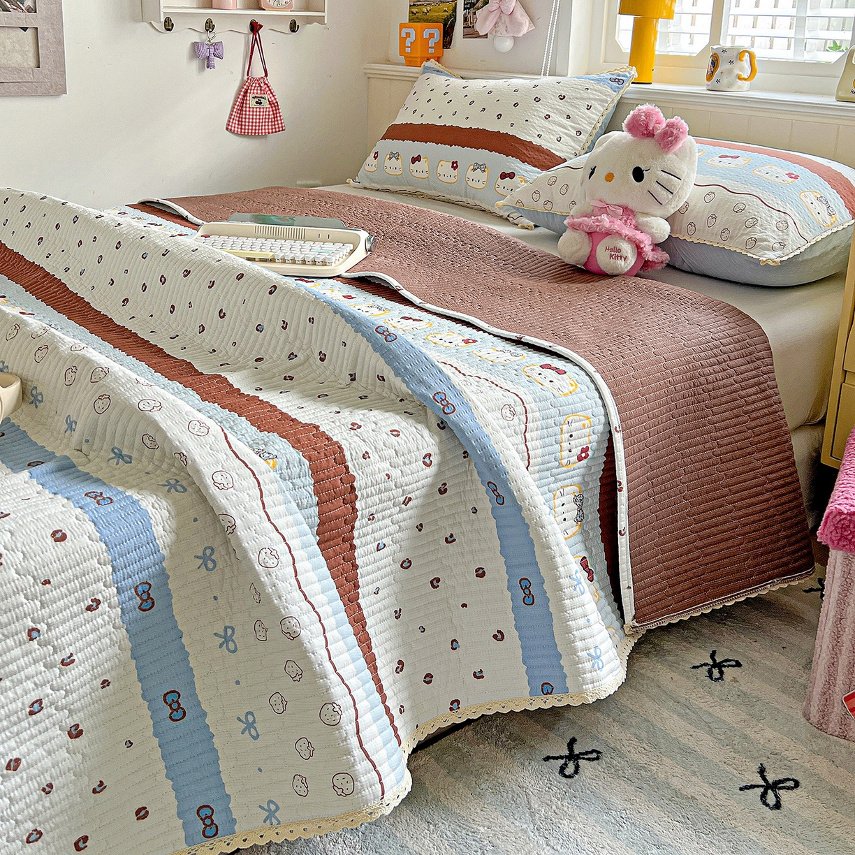 91家纺网 家纺一手货源 找家纺 恒尚居 2026新款A类泡芙纱床盖四套件泡芙棉双层纱小花边床垫床褥 波点奶芙小花边