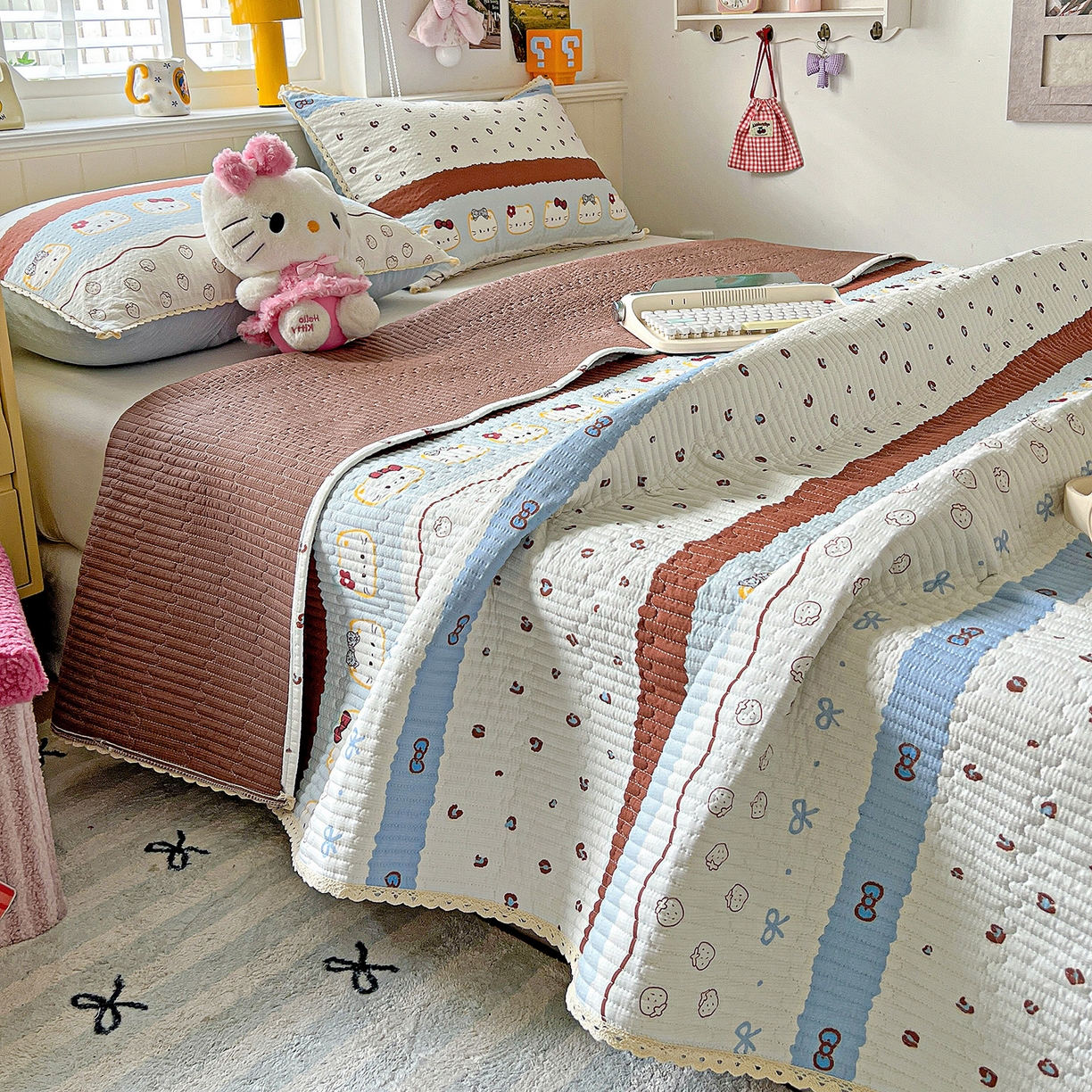 恒尚居 2026新款A类泡芙纱床盖四套件泡芙棉双层纱小花边床垫床褥 波点奶芙小花边