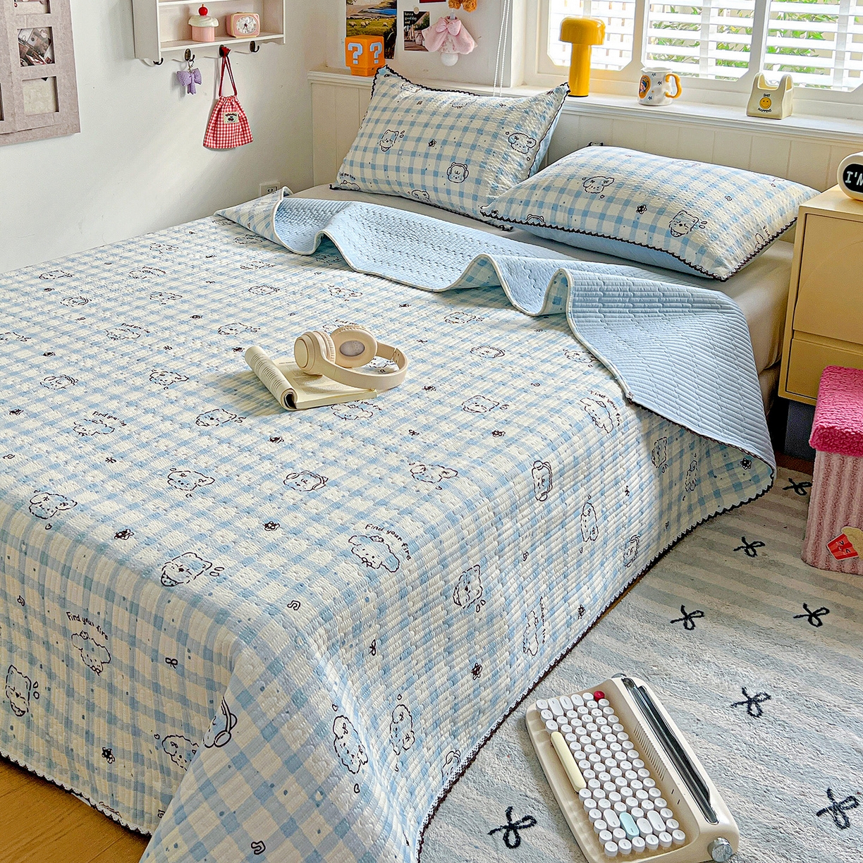 91家纺网 家纺一手货源 找家纺 恒尚居 2026新款A类泡芙纱床盖四套件泡芙棉双层纱小花边床垫床褥 兰格奶狗小花边