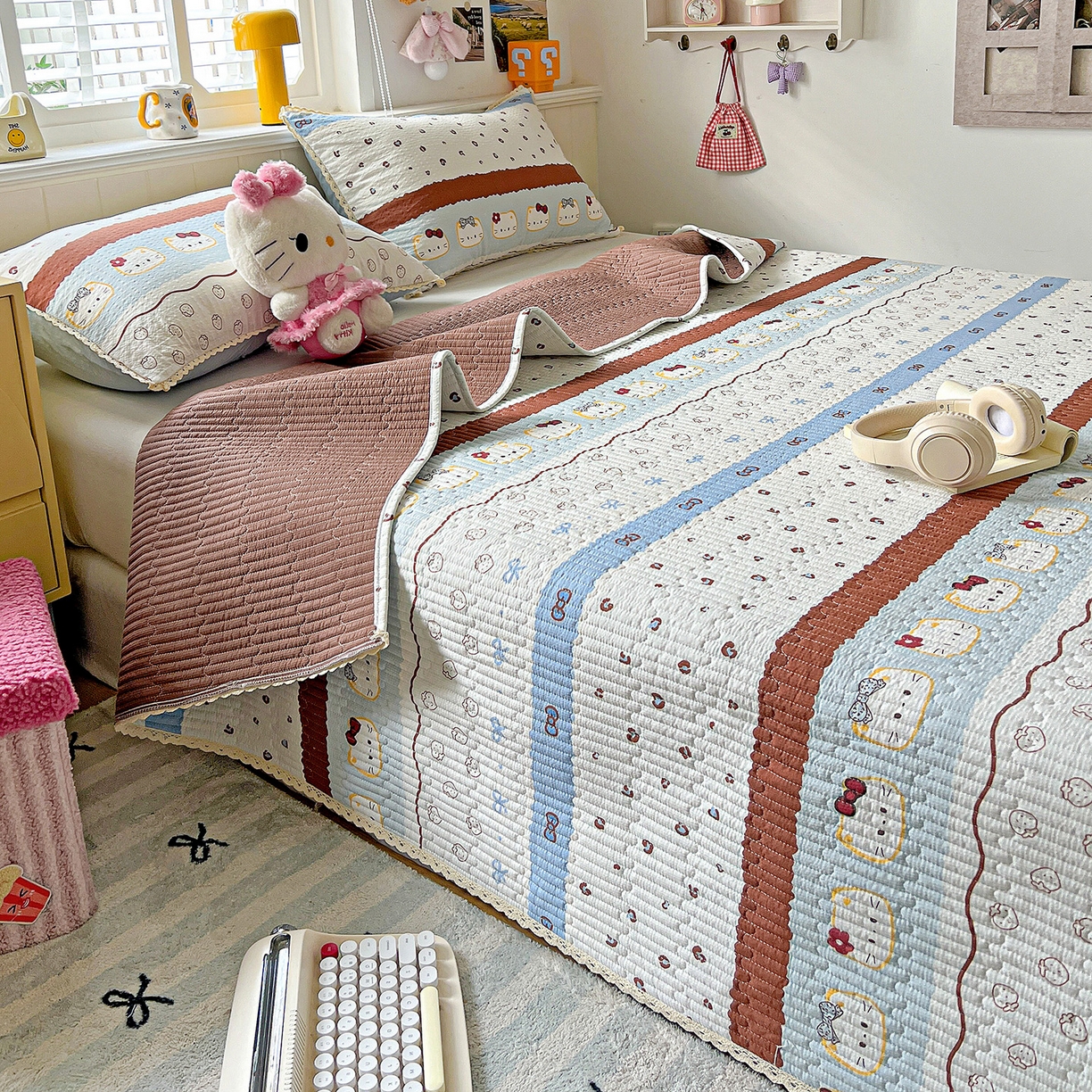 91家纺网 家纺一手货源 找家纺 恒尚居 2026新款A类泡芙纱床盖四套件泡芙棉双层纱小花边床垫床褥 波点奶芙小花边