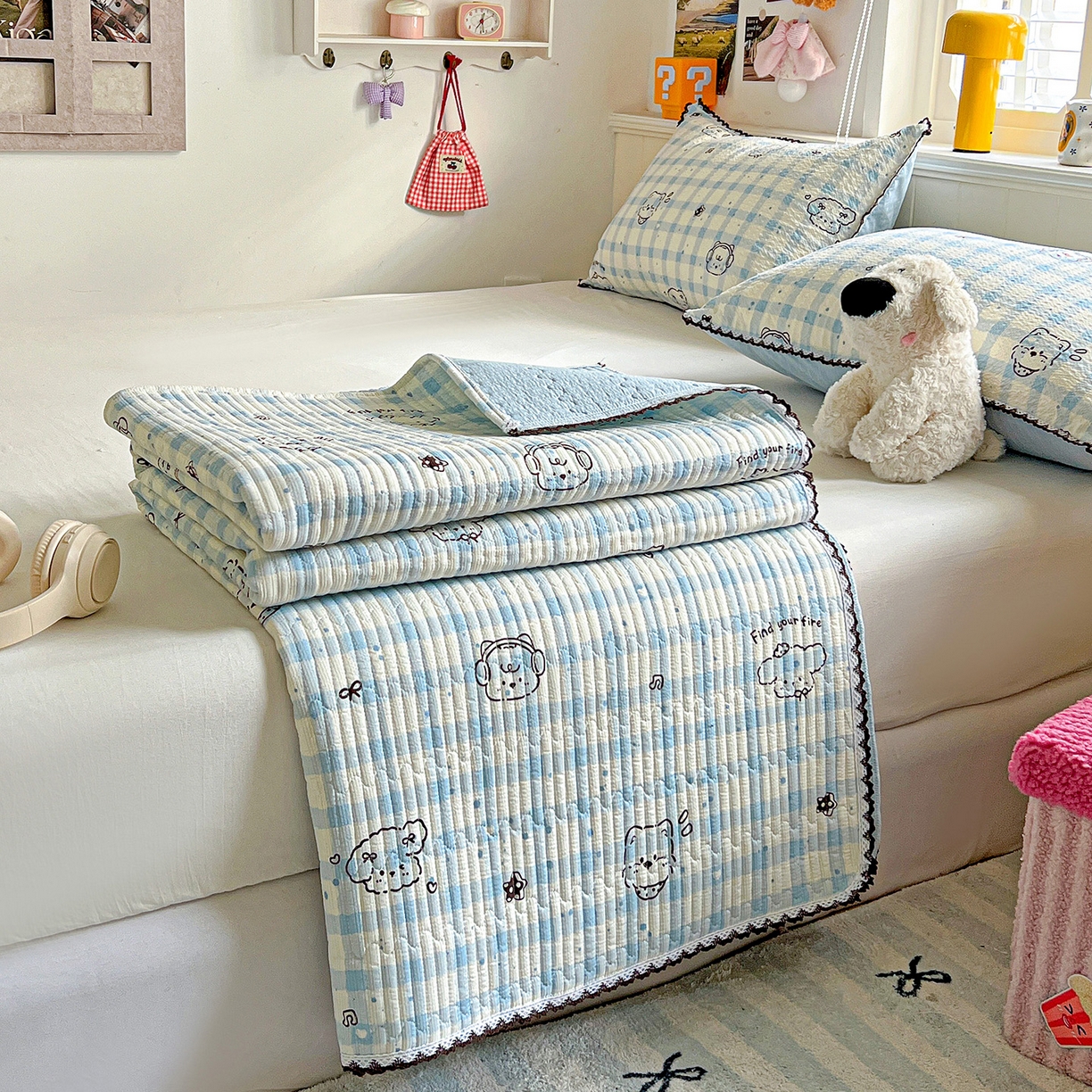 91家纺网 家纺一手货源 找家纺 恒尚居 2026新款A类泡芙纱床盖四套件泡芙棉双层纱小花边床垫床褥 兰格奶狗小花边