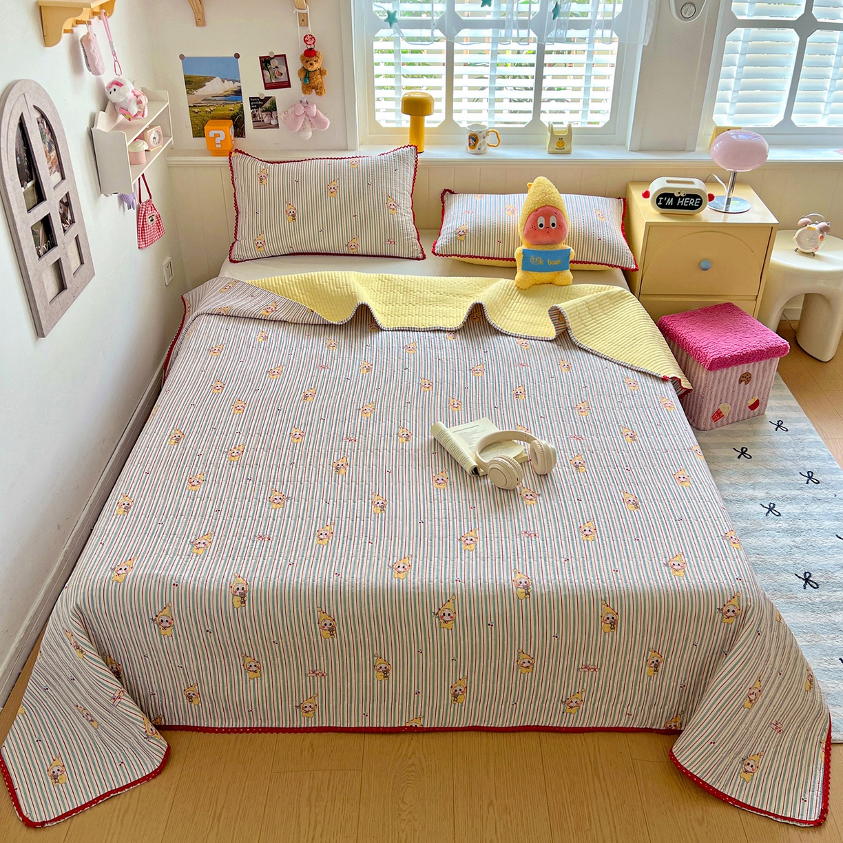 91家纺网 家纺一手货源 找家纺 恒尚居 2026新款A类泡芙纱床盖四套件泡芙棉双层纱小花边床垫床褥 阳光条纹小花边