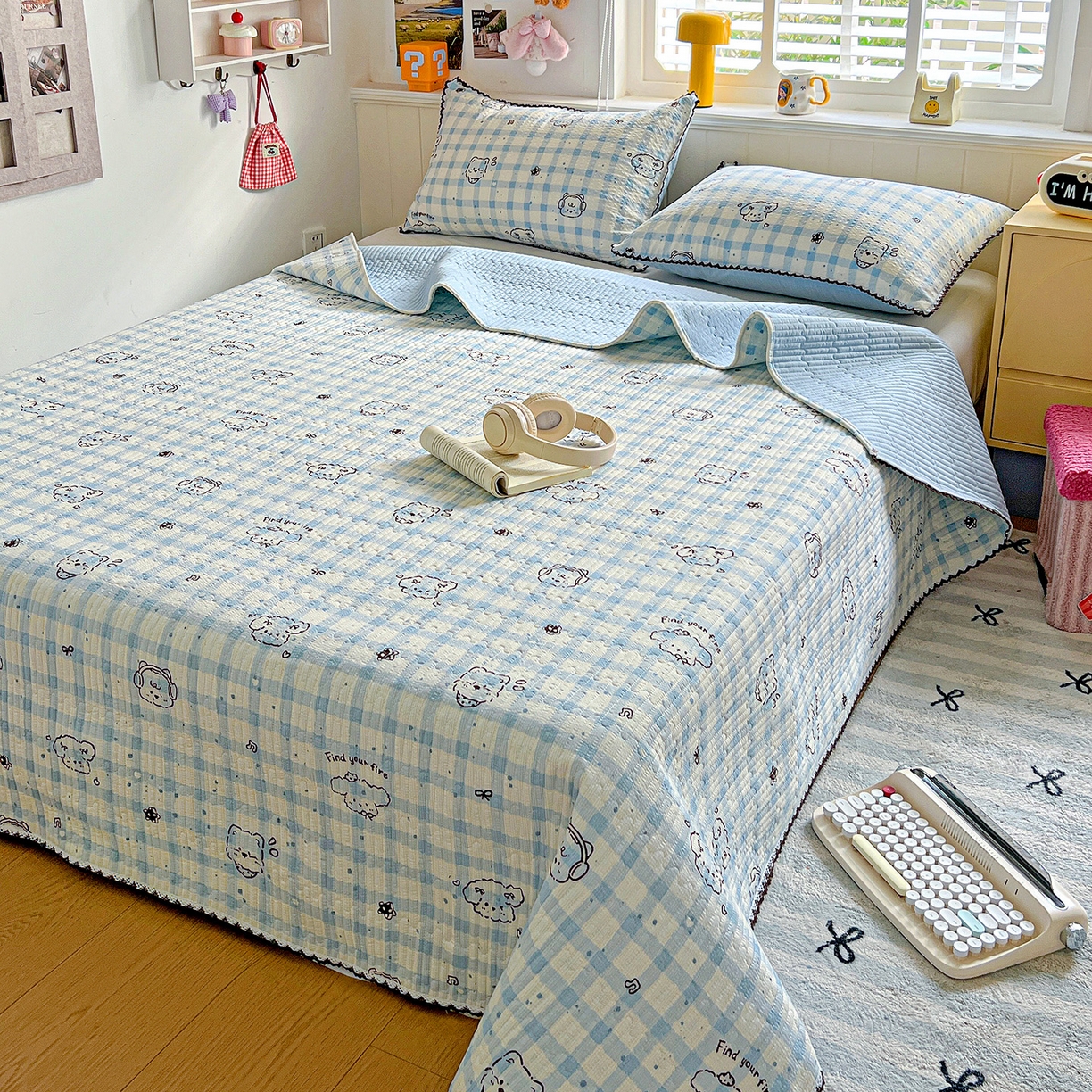 91家纺网 家纺一手货源 找家纺 恒尚居 2026新款A类泡芙纱床盖四套件泡芙棉双层纱小花边床垫床褥 兰格奶狗小花边