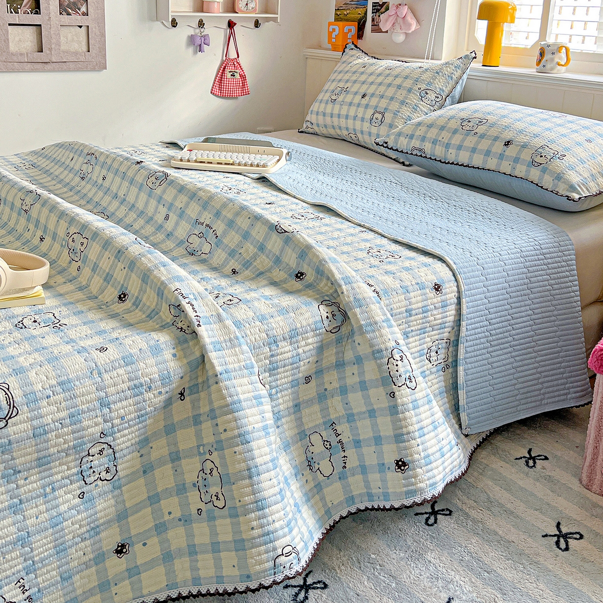 91家纺网 家纺一手货源 找家纺 恒尚居 2026新款A类泡芙纱床盖四套件泡芙棉双层纱小花边床垫床褥 兰格奶狗小花边