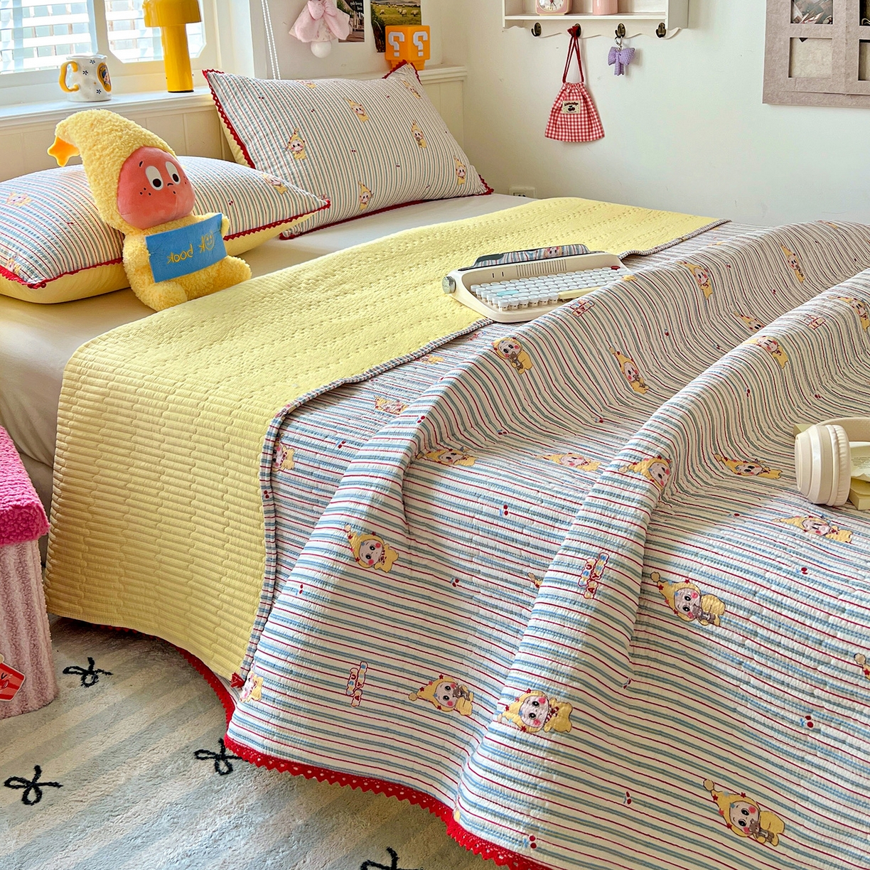 恒尚居 2026新款A类泡芙纱床盖四套件泡芙棉双层纱小花边床垫床褥 阳光条纹小花边