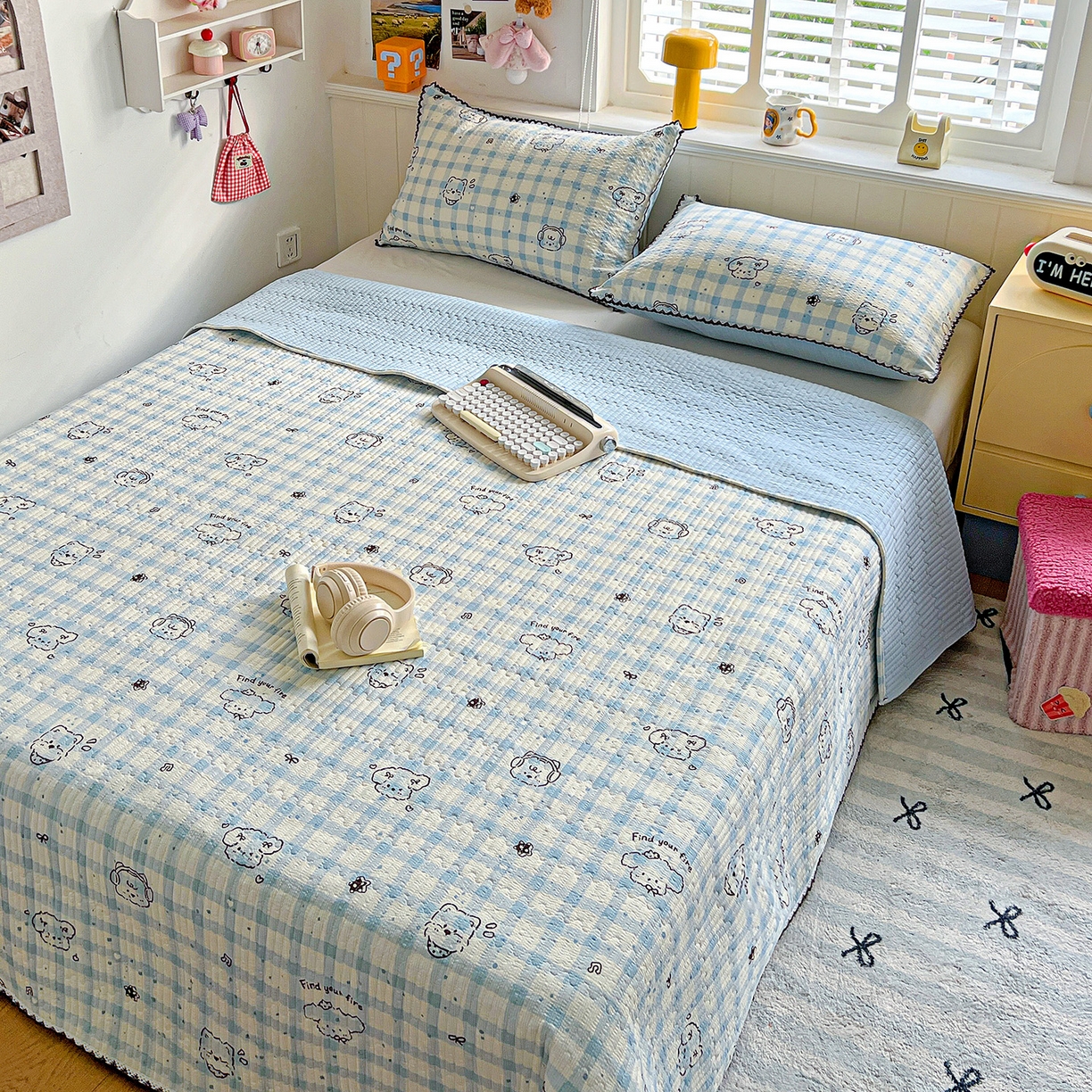 91家纺网 家纺一手货源 找家纺 恒尚居 2026新款A类泡芙纱床盖四套件泡芙棉双层纱小花边床垫床褥 兰格奶狗小花边