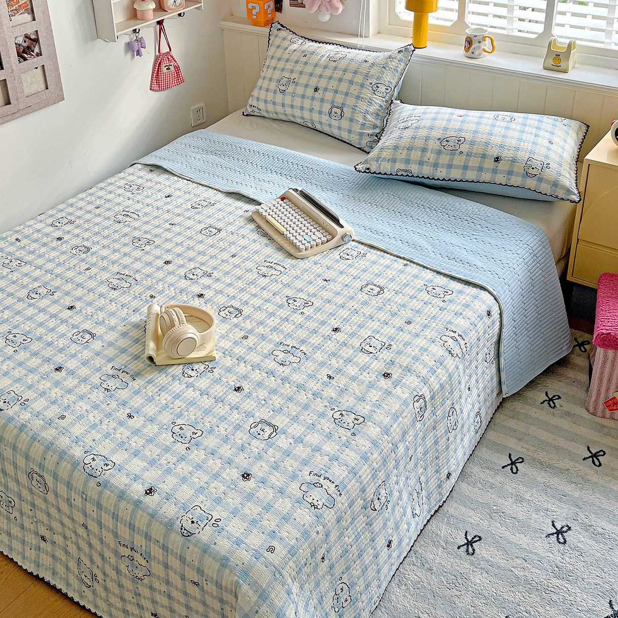 91家纺网 家纺一手货源 找家纺 恒尚居 2026新款A类泡芙纱床盖四套件泡芙棉双层纱小花边床垫床褥 兰格奶狗小花边