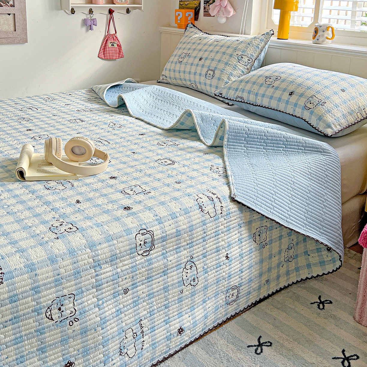 91家纺网 家纺一手货源 找家纺 恒尚居 2026新款A类泡芙纱床盖四套件泡芙棉双层纱小花边床垫床褥 兰格奶狗小花边