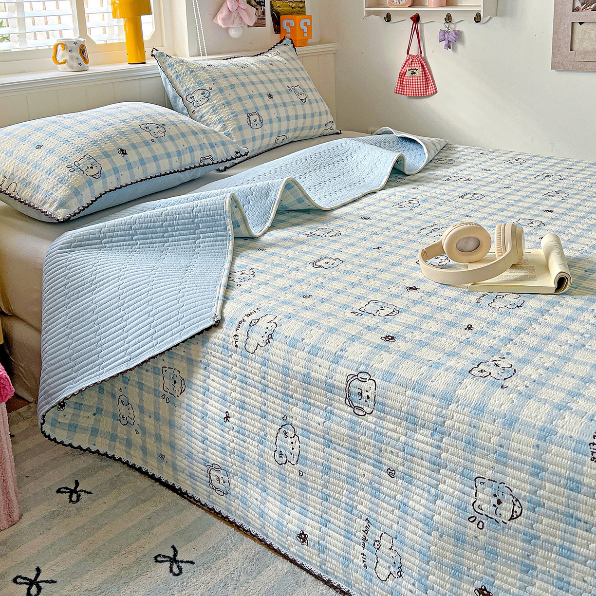 91家纺网 家纺一手货源 找家纺 恒尚居 2026新款A类泡芙纱床盖四套件泡芙棉双层纱小花边床垫床褥 兰格奶狗小花边