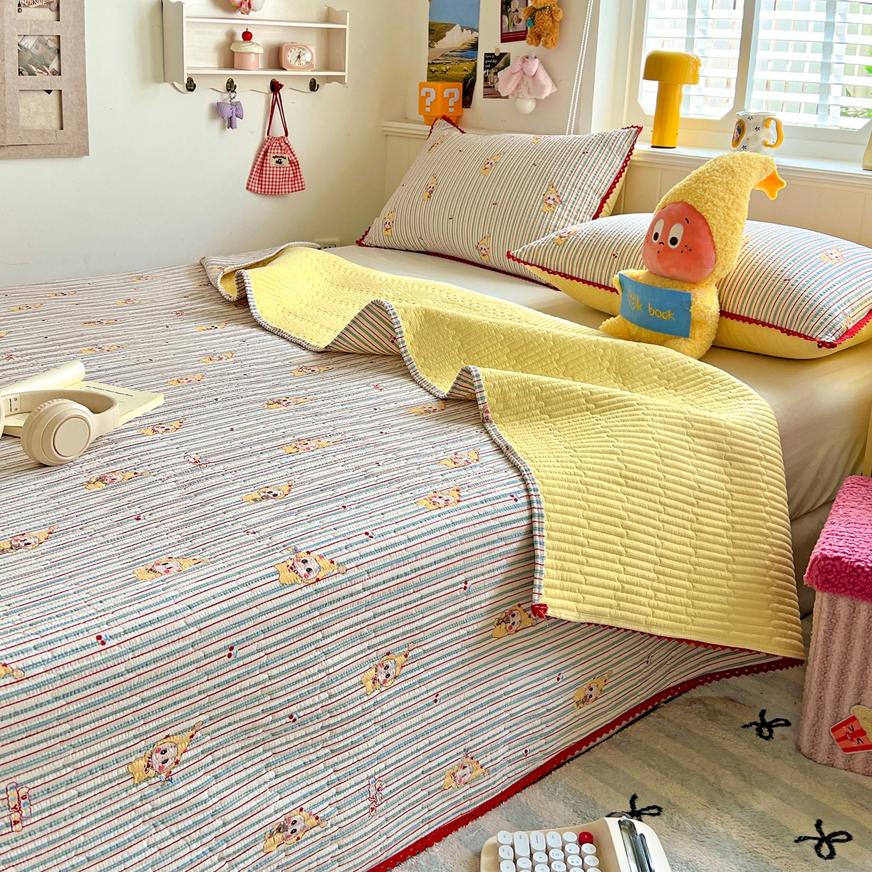 91家纺网 家纺一手货源 找家纺 恒尚居 2026新款A类泡芙纱床盖四套件泡芙棉双层纱小花边床垫床褥 阳光条纹小花边