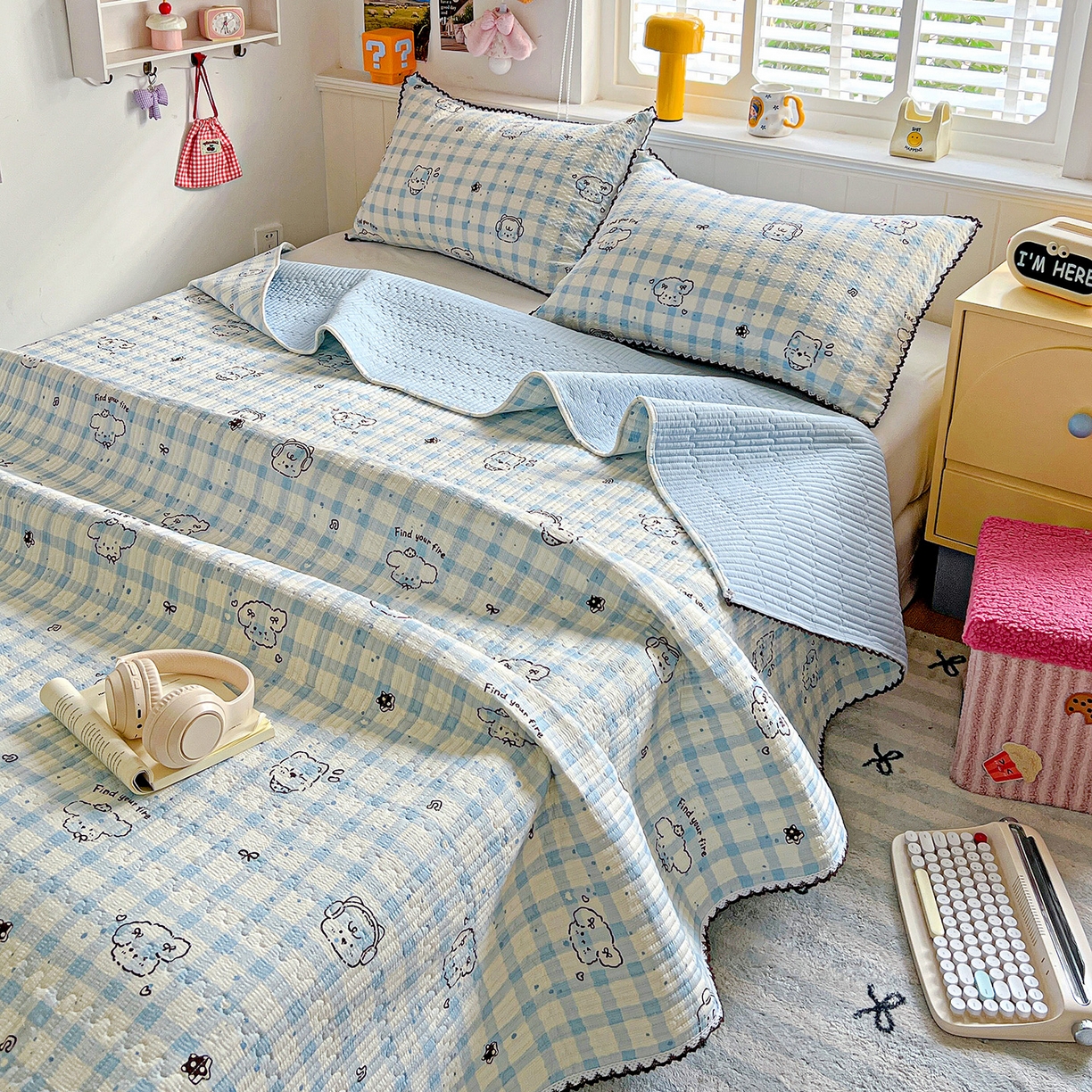 91家纺网 家纺一手货源 找家纺 恒尚居 2026新款A类泡芙纱床盖四套件泡芙棉双层纱小花边床垫床褥 兰格奶狗小花边