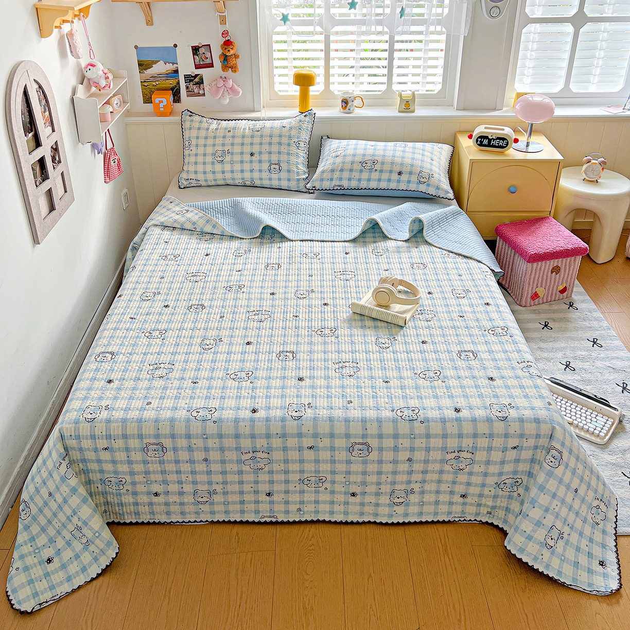 91家纺网 家纺一手货源 找家纺 恒尚居 2026新款A类泡芙纱床盖四套件泡芙棉双层纱小花边床垫床褥 兰格奶狗小花边