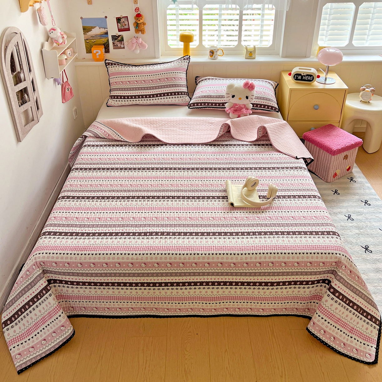 91家纺网 家纺一手货源 找家纺 恒尚居 2026新款A类泡芙纱床盖四套件泡芙棉双层纱小花边床垫床褥 粉糖泡泡猫小花边