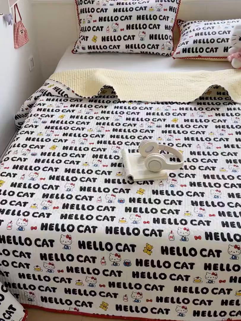 91家纺网 家纺一手货源 找家纺 恒尚居 2026新款A类泡芙纱床盖四套件泡芙棉双层纱小花边床垫床褥 字母喵喵小花边