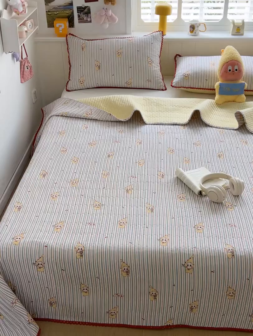 91家纺网 家纺一手货源 找家纺 恒尚居 2026新款A类泡芙纱床盖四套件泡芙棉双层纱小花边床垫床褥 阳光条纹小花边