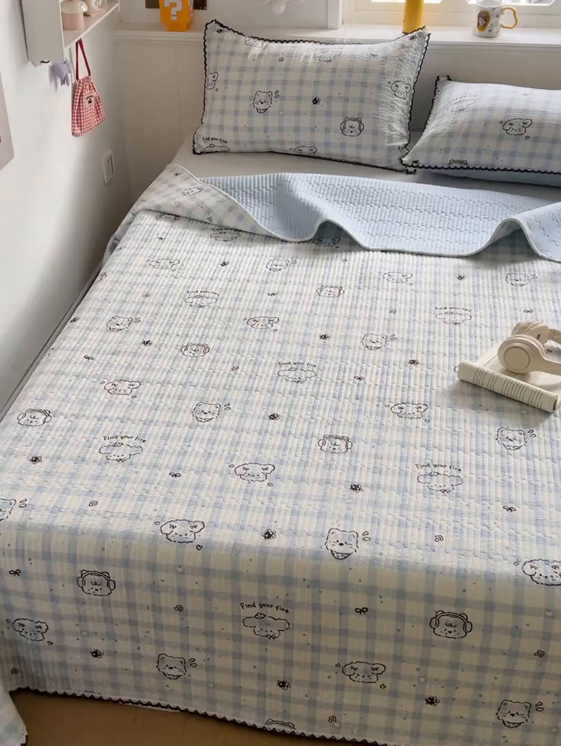 91家纺网 家纺一手货源 找家纺 恒尚居 2026新款A类泡芙纱床盖四套件泡芙棉双层纱小花边床垫床褥 兰格奶狗小花边