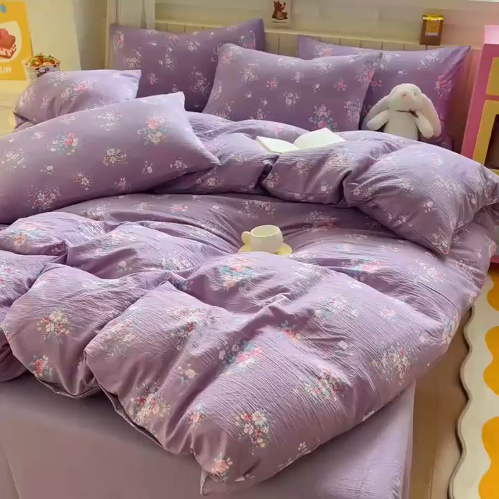 91家纺网 家纺一手货源 找家纺 （总）找底底家纺 2026新款泡泡棉小清新双层纱床裙款四件套