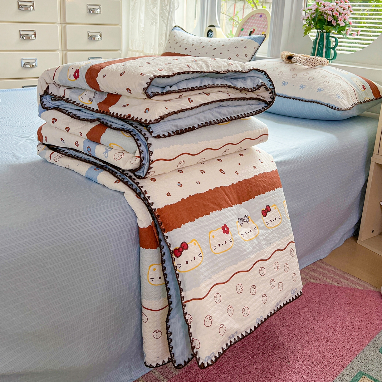 91家纺网 家纺一手货源 找家纺 （总）恒尚居 2026新款A类泡芙纱贝壳边夏被夏凉被四件套空调被三角针绣边