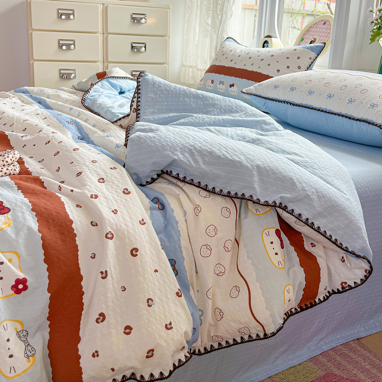 91家纺网 家纺一手货源 找家纺 （总）恒尚居 2026新款A类泡芙纱贝壳边夏被夏凉被四件套空调被三角针绣边