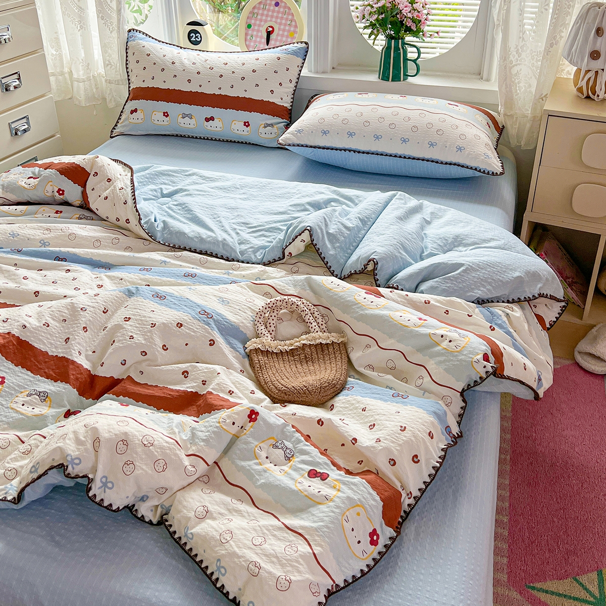 91家纺网 家纺一手货源 找家纺 （总）恒尚居 2026新款A类泡芙纱贝壳边夏被夏凉被四件套空调被三角针绣边