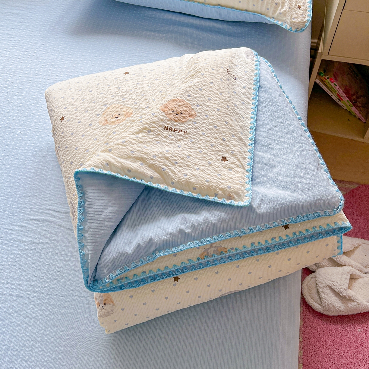 91家纺网 家纺一手货源 找家纺 （总）恒尚居 2026新款A类泡芙纱贝壳边夏被夏凉被四件套空调被三角针绣边